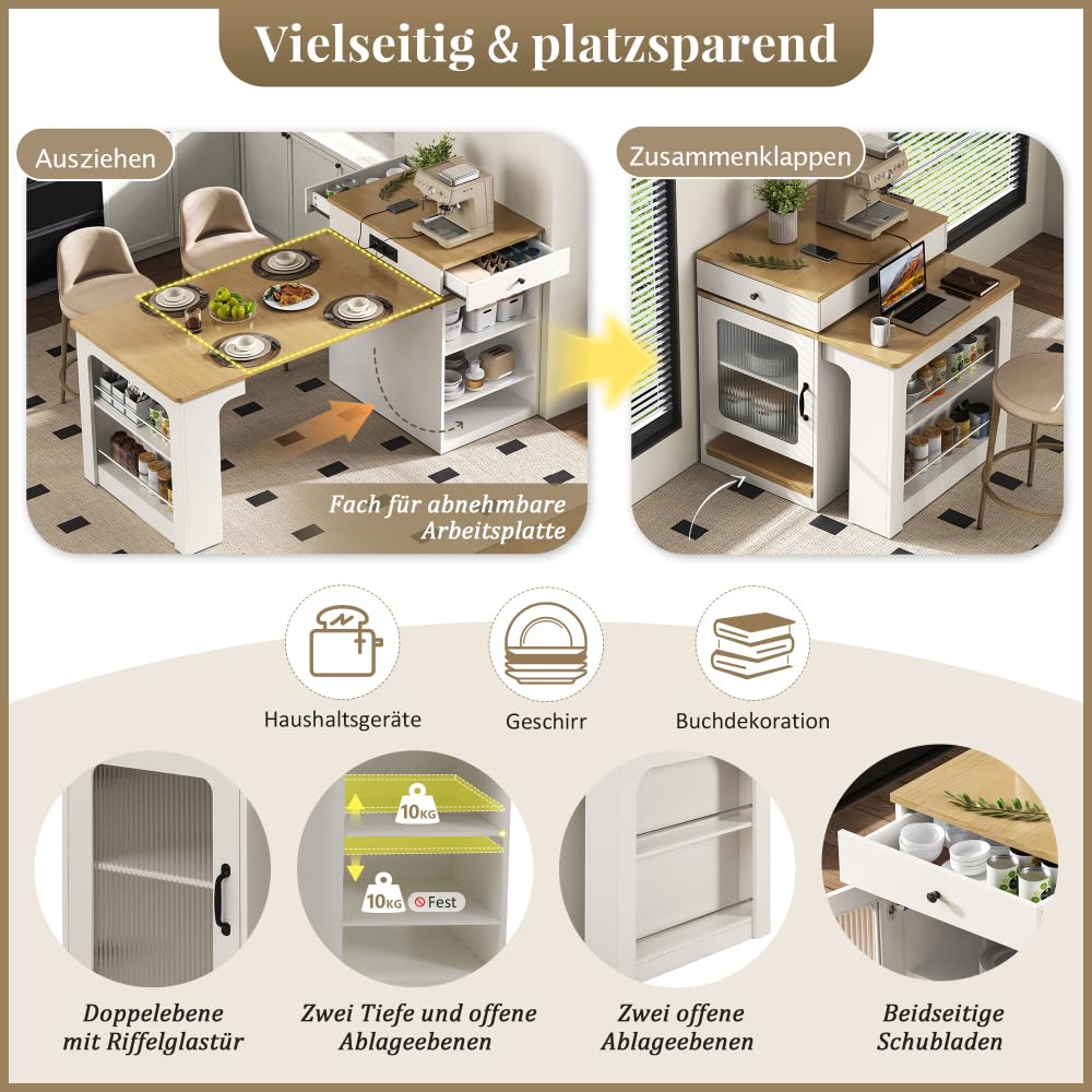 mobile Isola da cucina 71(151) x80x92 cm,tavolo da pranzo estensibile con piano rimovibile,tavolo da bar con presa multipla, isola cucina su ruote per sala da pranzo(A-Bianco+Naturale)