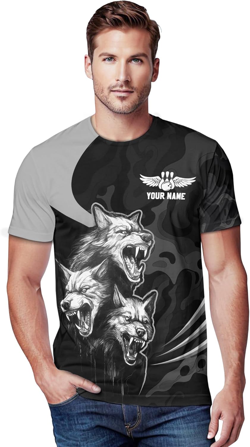Men's Bowling Short Sleeve Tshirt Personalized Wolf and Bowling Ball Tee Shirt for Beginner Print Bowling Clothing