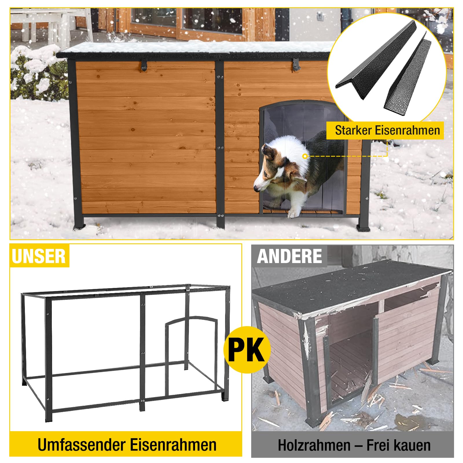 Aivituvin Außen Hundehaus mit isolierter Futterung, wasserdichter extra groß Hundekennel für den Winter, geeignet für kleine, mittlere und große Hunde, mit Stahlrahmen (Braun)