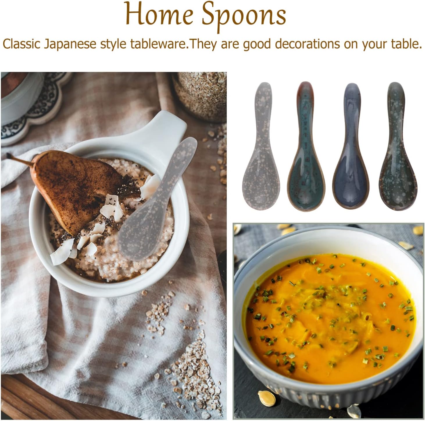 Chinese Soup Spoons,Ramen Spoon,set of 4, Ceramics Soup Spoons Retro Chinese Rice Spoons Ramen Soup Spoon Suitable for Soup, Gravy, Ramen, Noodles