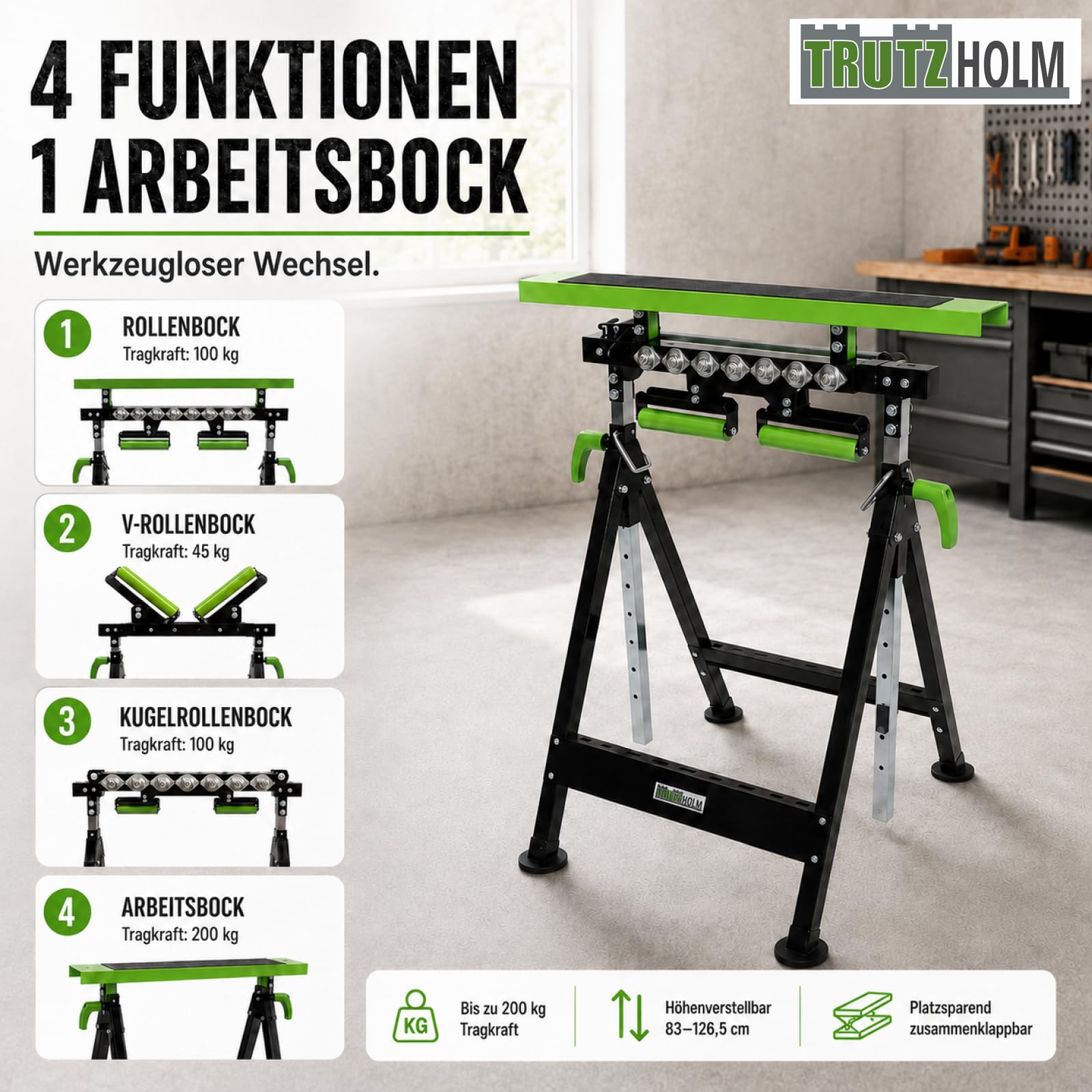 TRUTZHOLM 2x Multifunktions-Arbeitsbock Rollenbock höhenverstellbar Klappbock V-Rollen klappbar 200 kg Werktisch 4in1 platzsparend