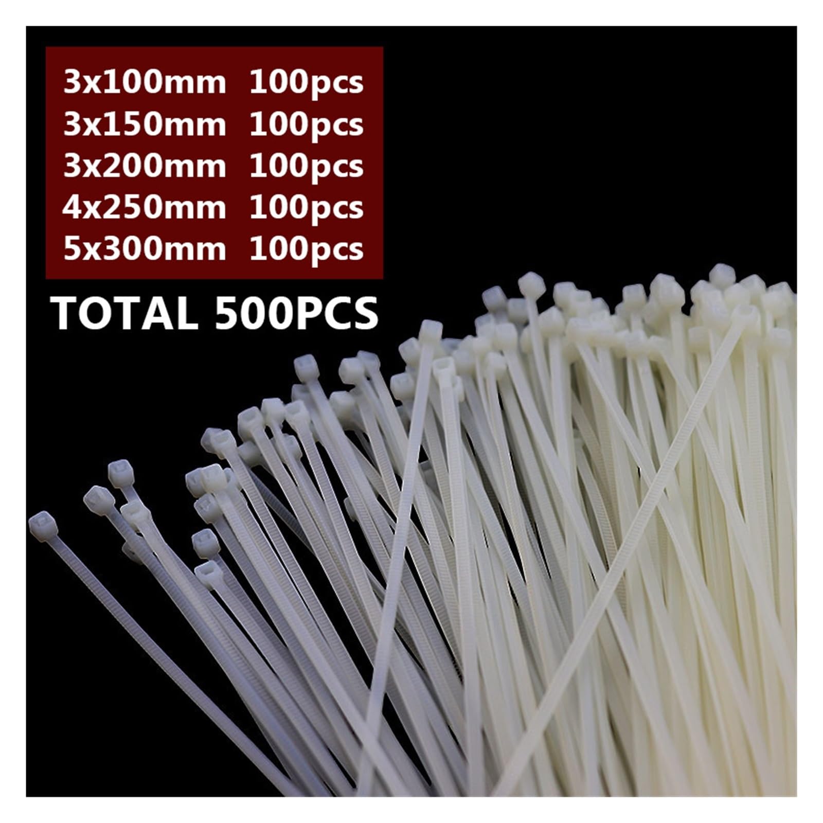 500 Stück selbstsichernde Kabelbinder aus Kunststoff, 100 mm, 150 mm, 200 mm, 250 mm, 300 mm, schwarz, weiß, Nylon-Kabelbinder, 100 Stück Packung (Color : White 500pcs)