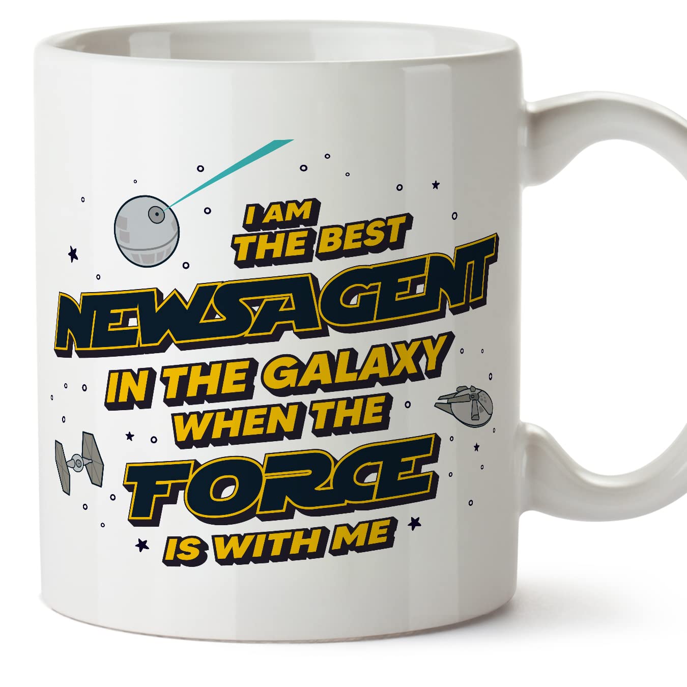 MUGFFINS Newsagent Mug - in English - Best in The Galaxy The Force is with Me - Funny Gift for Colleagues - Ceramic 11oz Mug