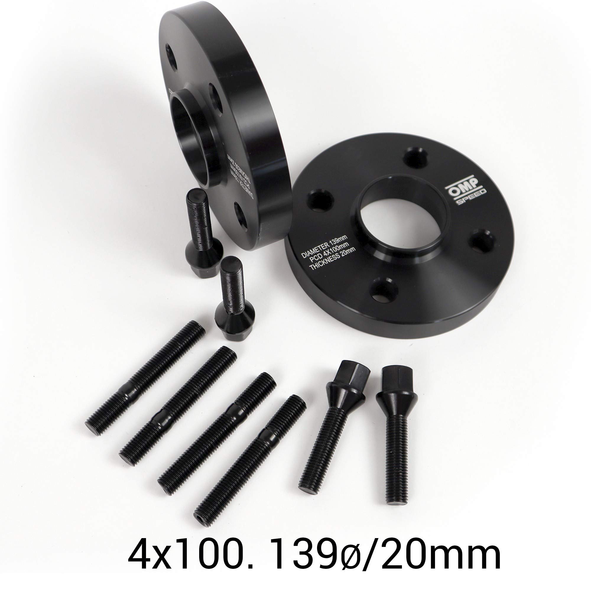 OMP Speed Gioco di 2 Distanziali Doppio Centraggio Spessore: 20mm PCD: 4x100 CB: 56.1 OD: 139 Bullone x8 M12x1.5 Conici + Prigioniero x8 M12x1.5 Nero Alluminio - OMPS08052001
