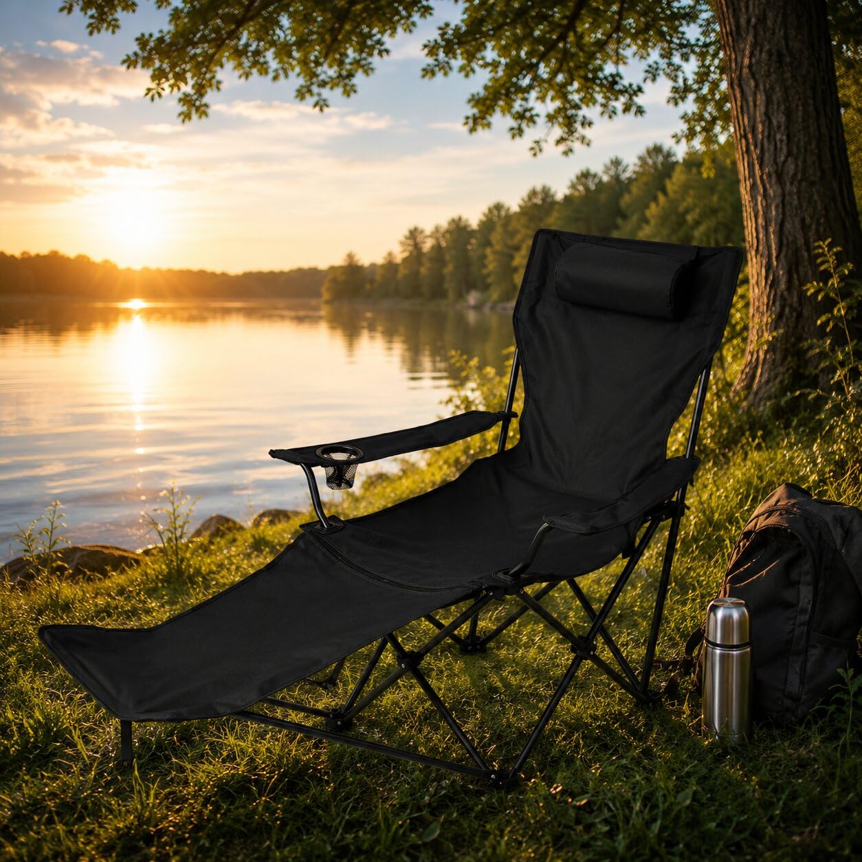 Verstellbarer Campingstuhl mit Fußablage Campingstuhl faltbar bis 130 kg | Outdoor Relaxsessel mit Hoher Rückenlehne, Getränkehalter & Tragetasche - Faltbarer Campingstuhl mit Beinauflage für Camping