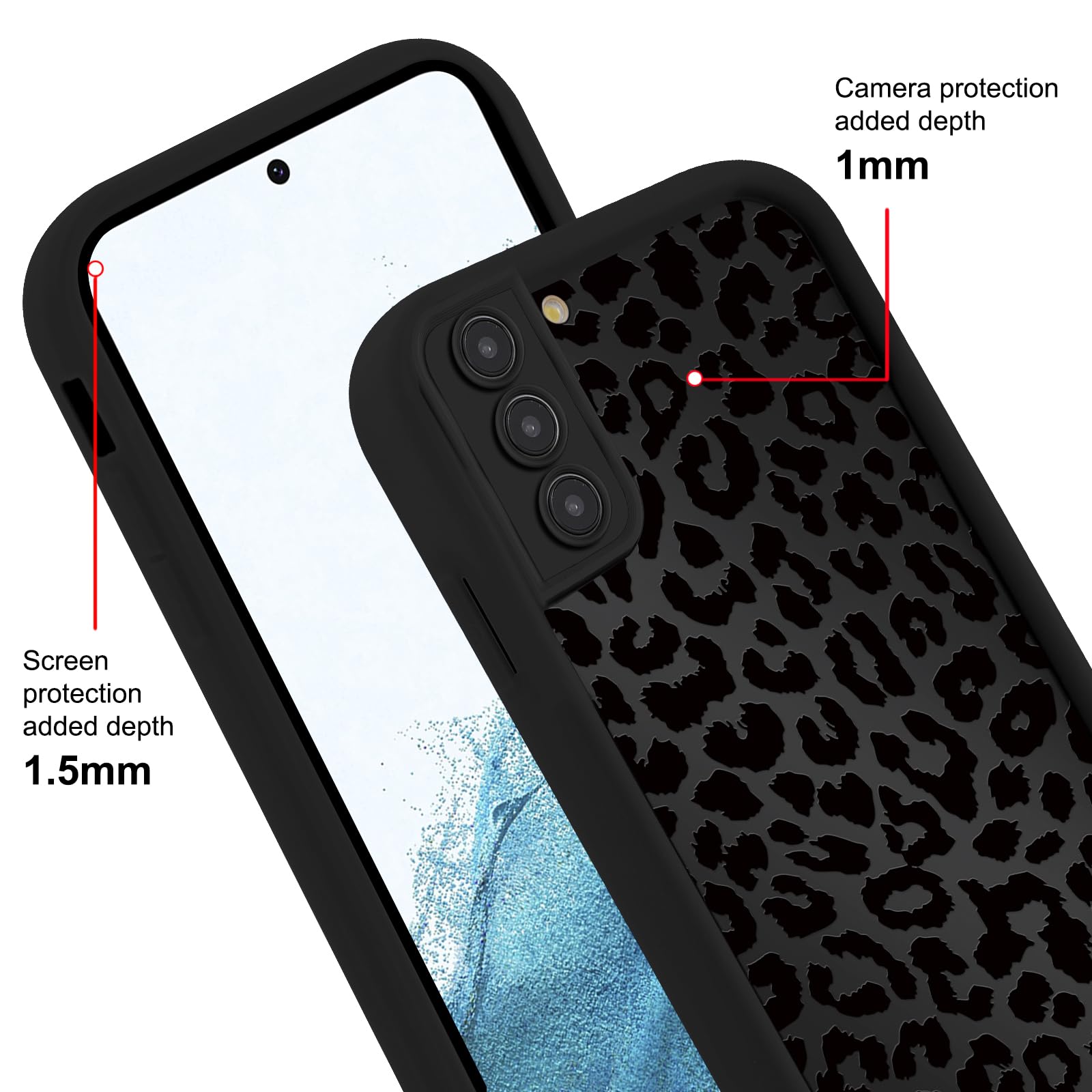 Coque de téléphone mignonne imprimé guépard pour Samsung Galaxy S22 Plus 5G 6,6", esthétique de luxe à motif léopard noir, coque antichoc en TPU souple et fin pour caméra Funda pour femmes et