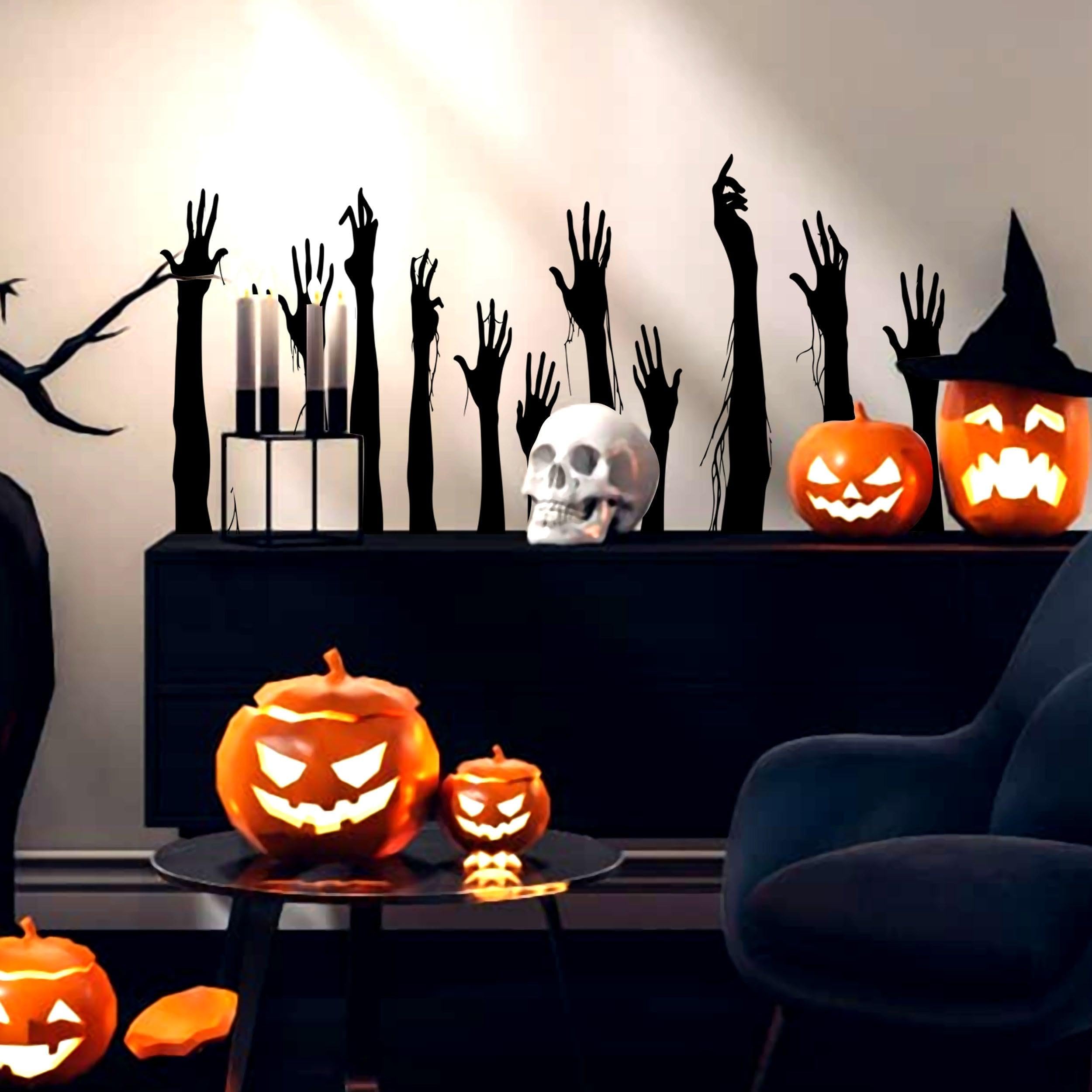 Śmieszne naklejki na okna na Halloween - Ręce zombie i przerażające murale ścienne Ghoul 87