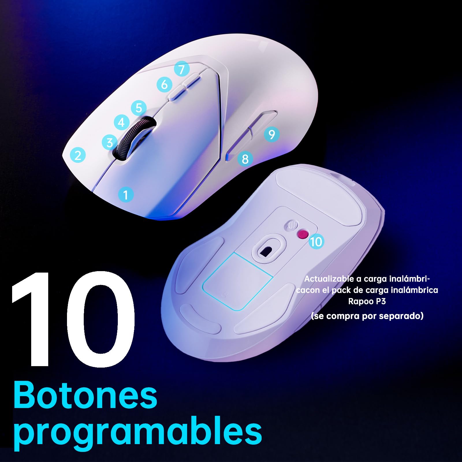 Rapoo VT9Pro Ratón Gaming Inalámbrico, Sensor Paw 3398, 26000 dpi, 1 ms Respuesta, Súper Ligero, hasta 160 Horas de Batería, 10 Botones Programables, Memoría Integrada, Blanco