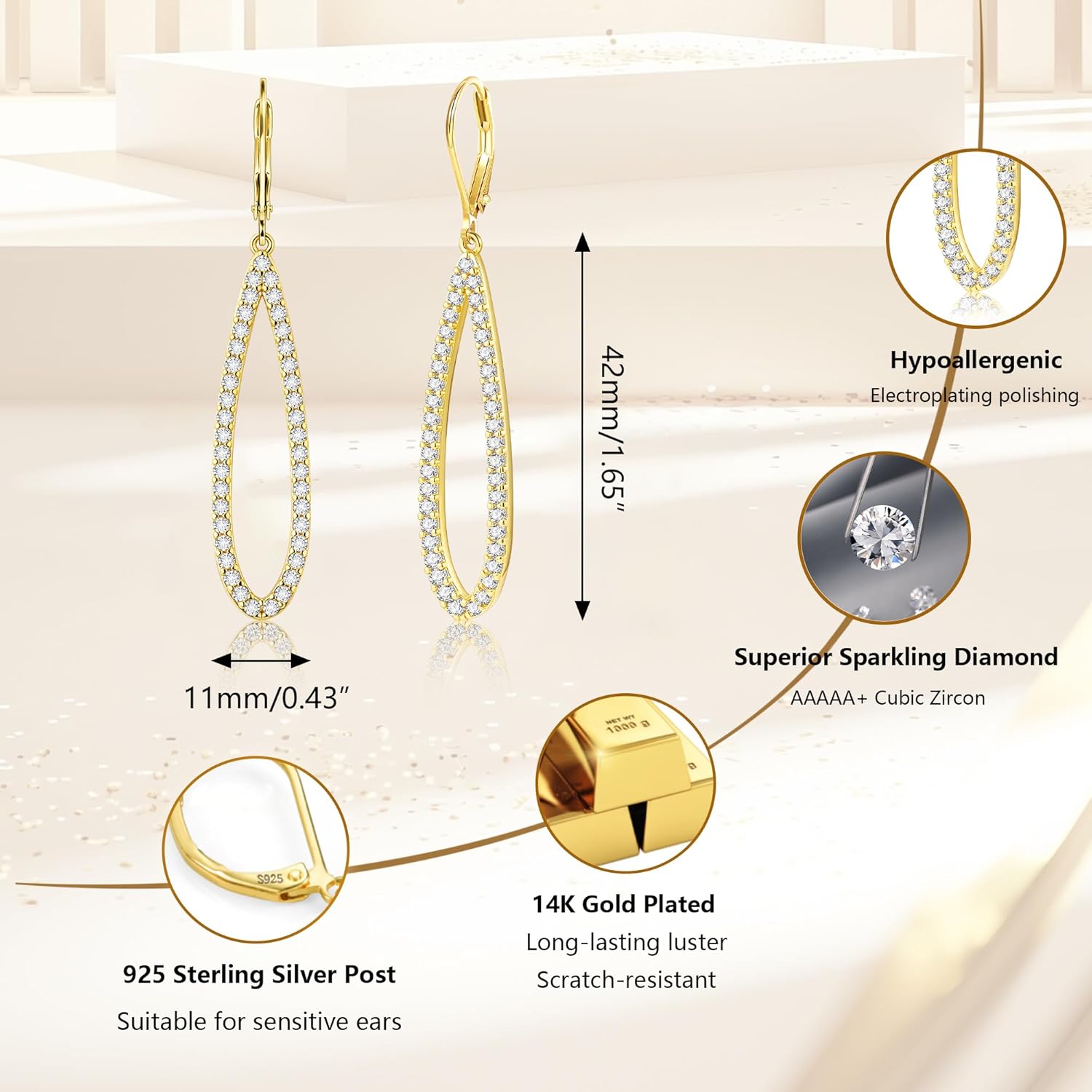 Sterling Silver Teardrop Dangle Earrings for Women Cubic Zirconia Leverback Gold Dangle Earrings Hypoallergenic Simulated Diamond CZ Long Tear Drop Earring for Women Trendy Jewelry Gifts - Image 6