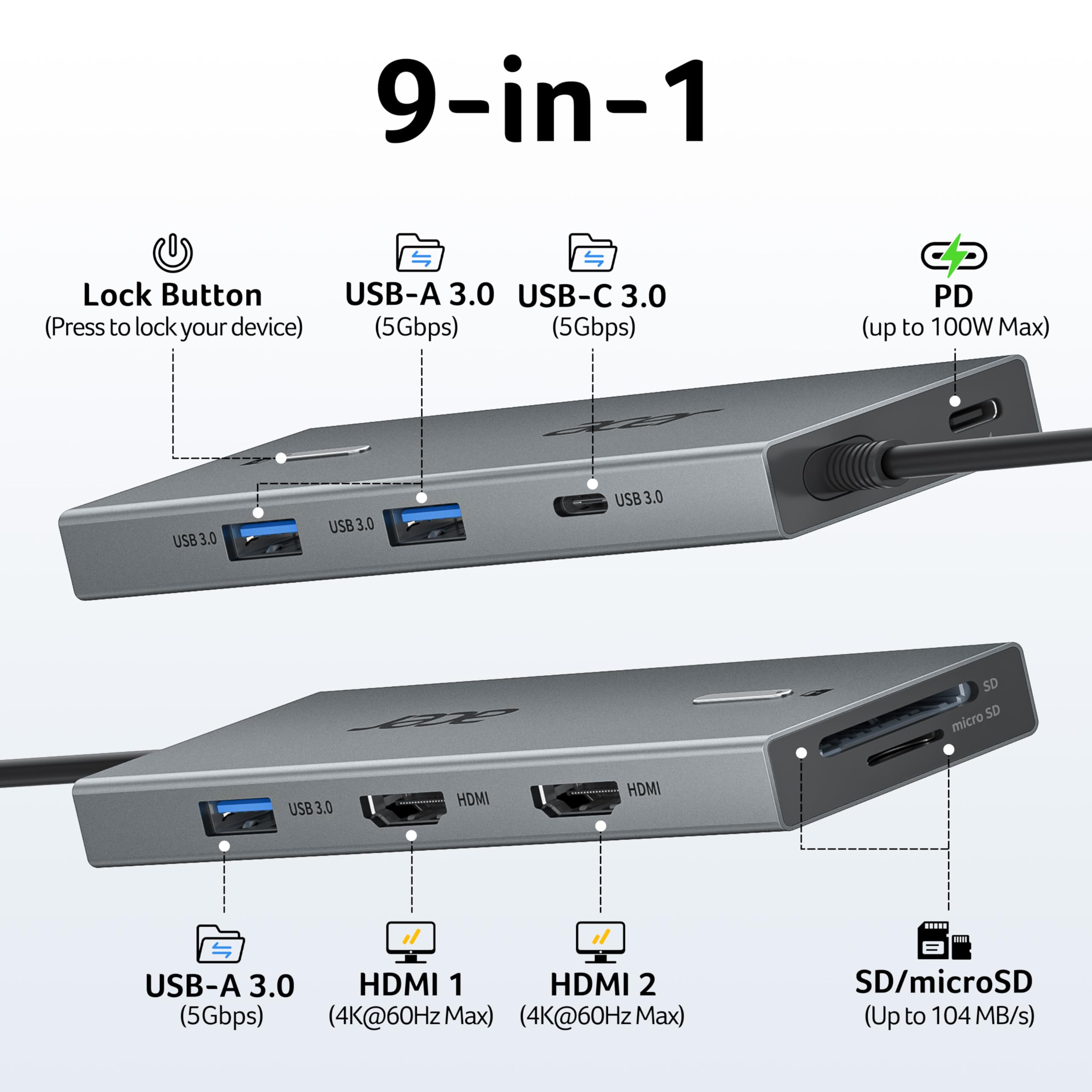 Acer Docking Station Dual HDMI, 9IN1 Hub USB C a 2 HDMI 4K@60Hz, USB-A&C 5Gbps, 100W PD, lettore di schede SD/TF, multiport per 2 schermi, Dell, Chromebook, MacBook Air/Pro ecc.