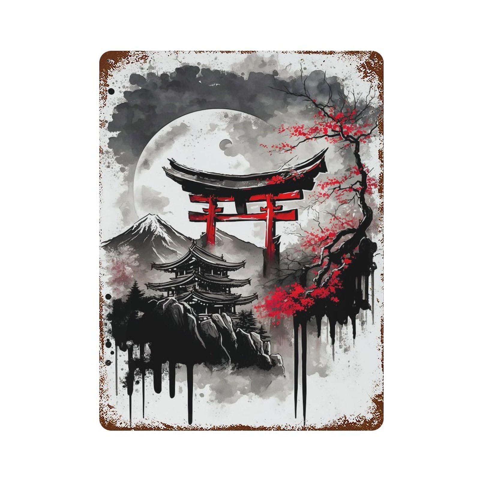 Torii Gate And Japan Icon Rust Effect Tin Sign 15.7"x11.8", Old School Wall Decor for Farmhouse, Kitchen And Entryway Decor