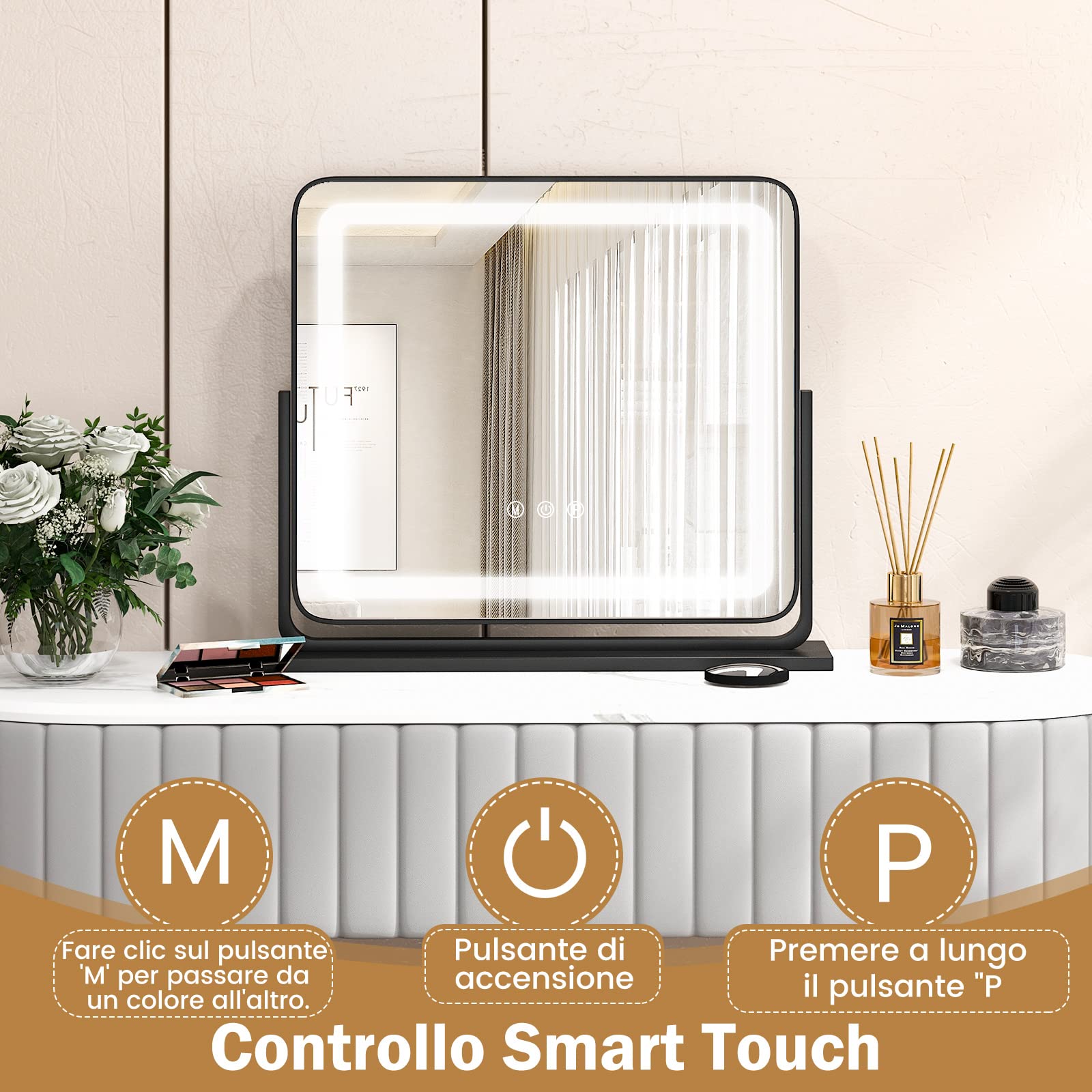 COSTWAY Specchio per Trucco, Specchio da Tavolo con luci LED a 3 Colori, Luminosità Regolabile e Controllo Intelligente a Sfioramento, Ruotabile a 360° con Ingrandimento 5X, 50x44 cm