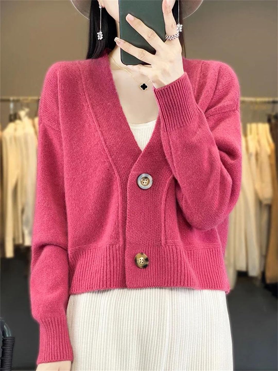 Damen Wolle Cardigan V-Ausschnitt Langarm Kaschmir Strickwaren Herbst Winter Pullover Vintage Tops