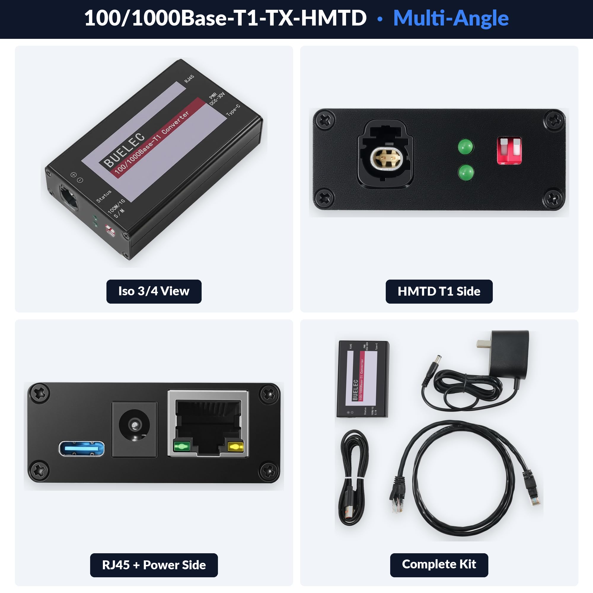 100/1000Base-T1-TX-HMDT Automotive Ethernet Media Converter - 100/1000BASE-T1 to TX Adaptador, Marvell 88Q2112 & Realtek RTL8211FI Phy, H-MDT Connector, Industrial Grade Type-C/DC Power