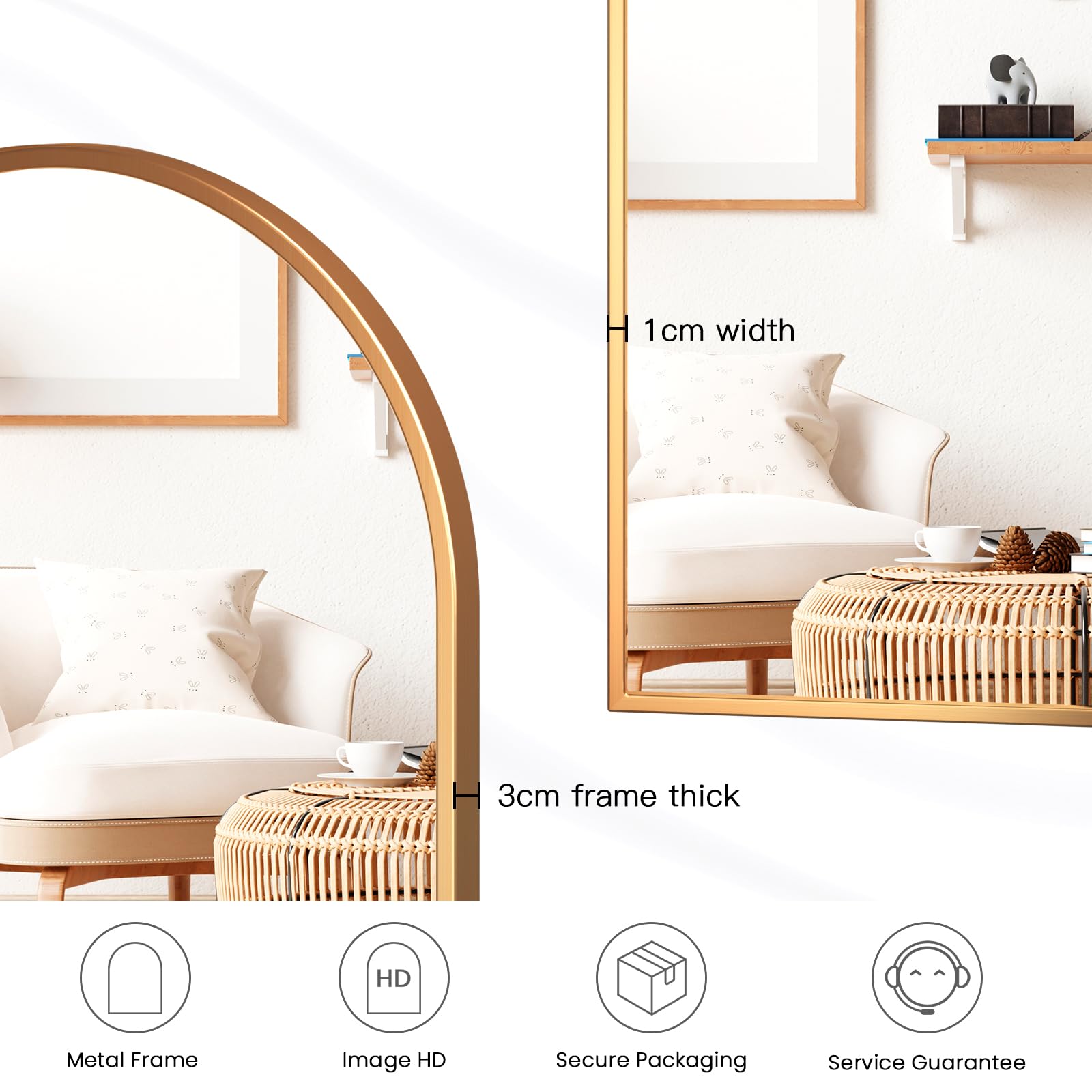 Dripex Miroir Mural Arche 60×90cm Or, Grand Miroir de Maquillage avec Cadre en Alliage d'Aluminium Idéal pour Entrée Chambre Salon Salle de Bain