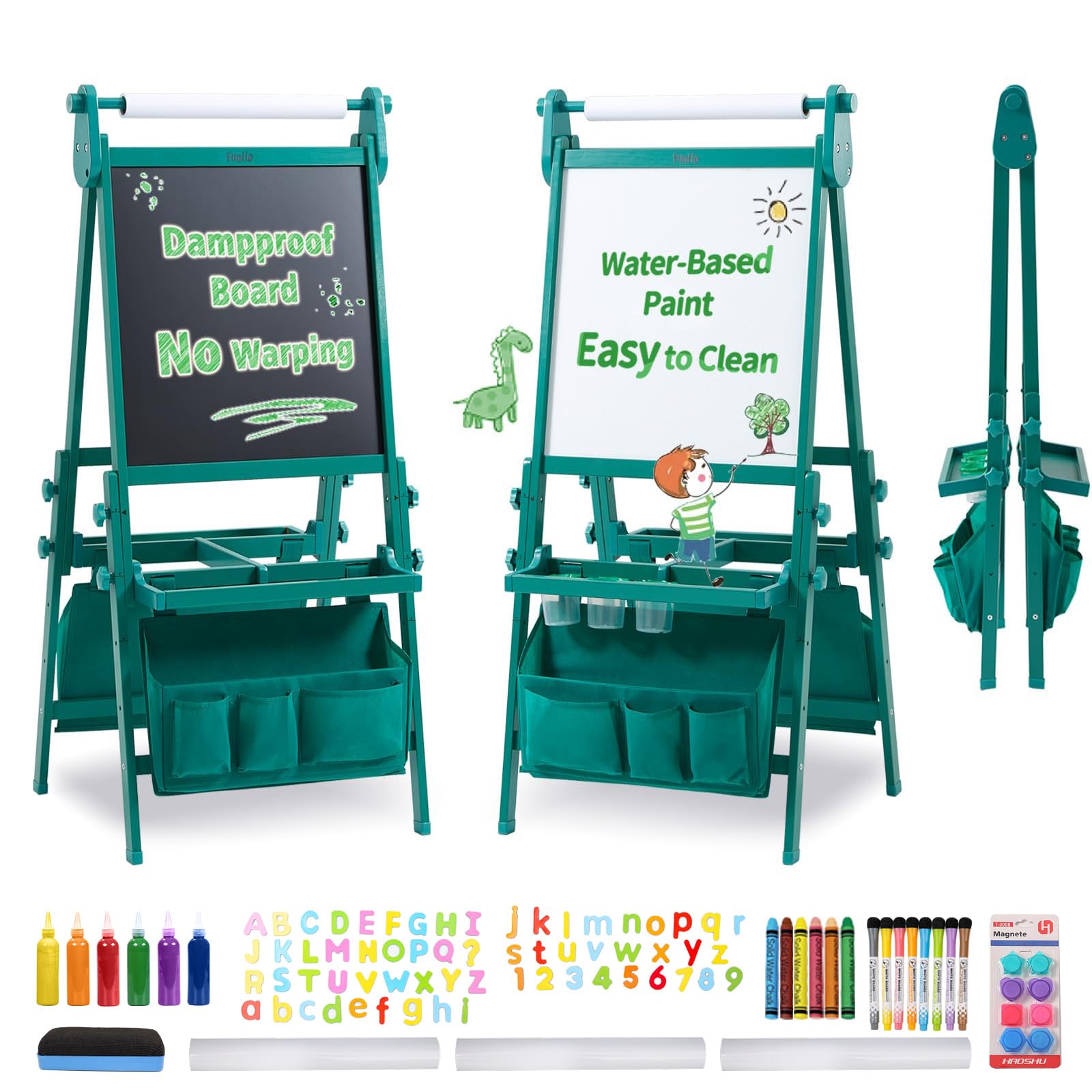 FUNLIO Foldable Anti-Warping Kids Art Easel, All-in-One Toddler Easel with Paper Roll, 3 Height Adjustable for Kids Aged 3-8, Standing Easel with Magnetic Chalkboard/Whiteboard - Green Foldable — image 1