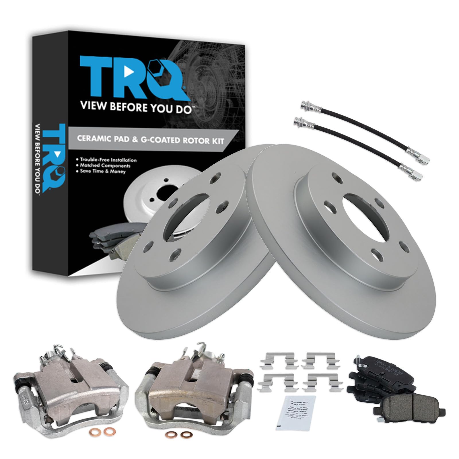 TRQ Rear Brake Pad and Rotor Set Ceramic G Coated Rotors Calipers Compatible with 2004 Pontiac Grand Prix