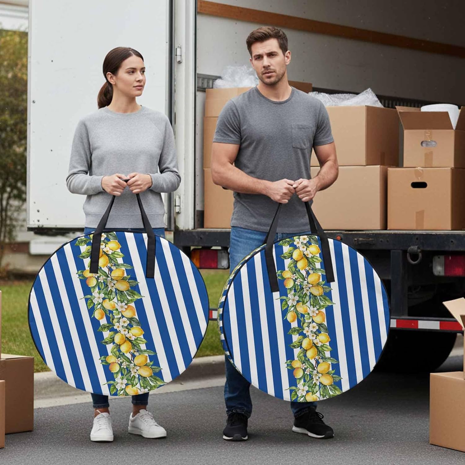 Storage Bag Lemon Blue Stripes Round Storage Totes Bins Closet Organizers with Zippers & Handle Floral Fruit Leaves Clothes Storage Container for Bedroom Dorm Space Saving Packing Supplies Moving Bags