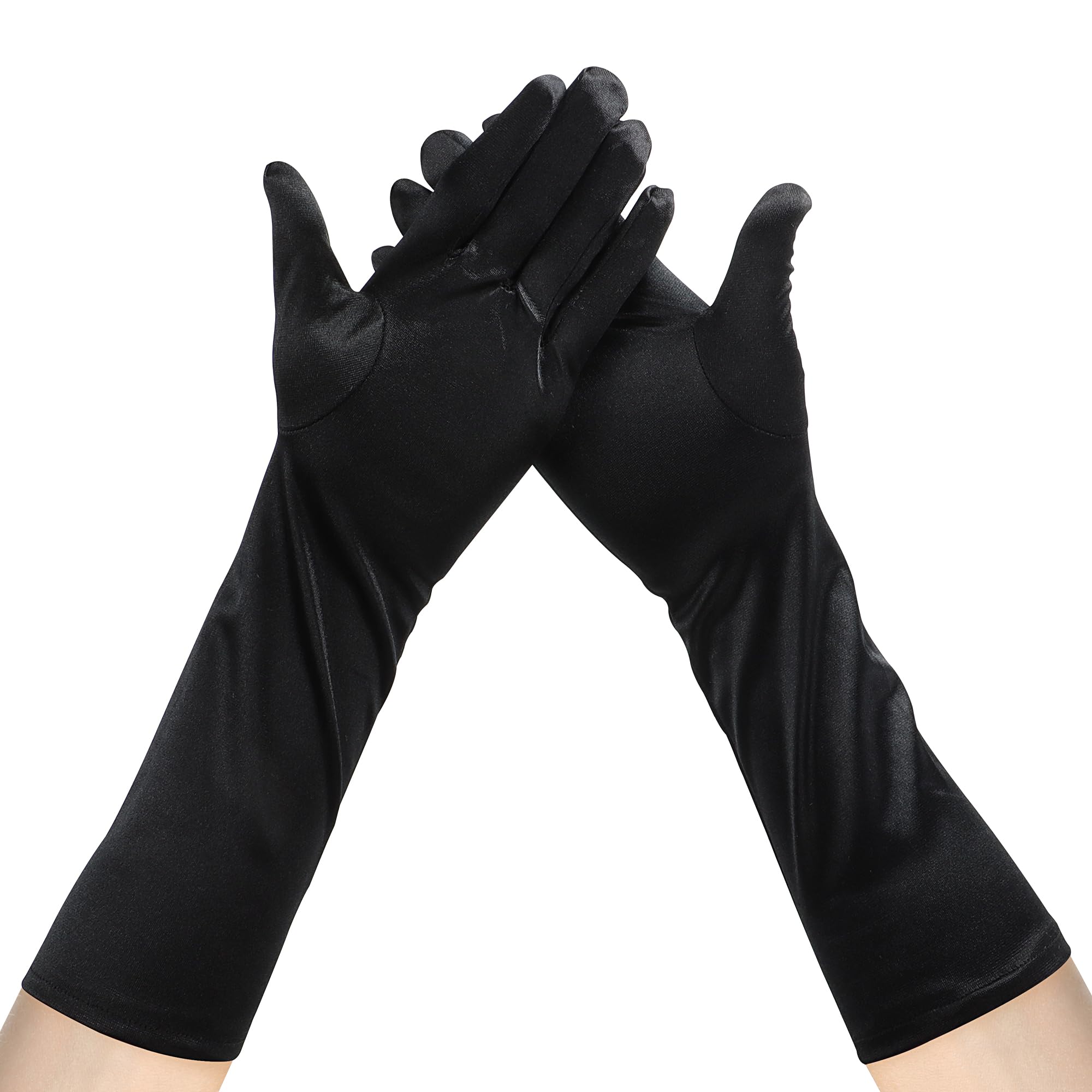 Junart Women's Black-1Pair Long Satin Gloves 15.3" Forearm Length Gloves Soft And Breathable Gloves For Opera Wedding Party Cosplay Dance Halloween(Black)