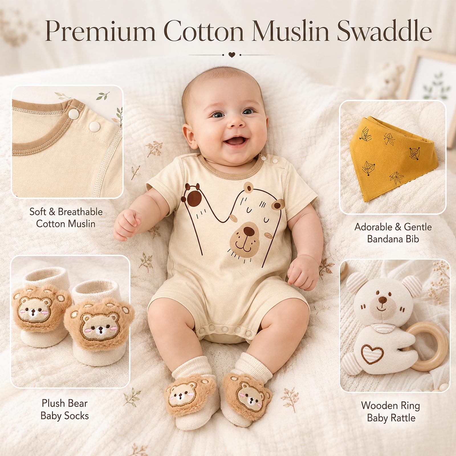 Set Regalo Neonato Nascita, Regalo Nascita per Bimbo e Bimba | Pagliaccetto Neonato, Doudou Neonato con Massaggiagengive, Calzini Neonato, Bavaglino, Sonaglio Neonato e Biglietto Auguri