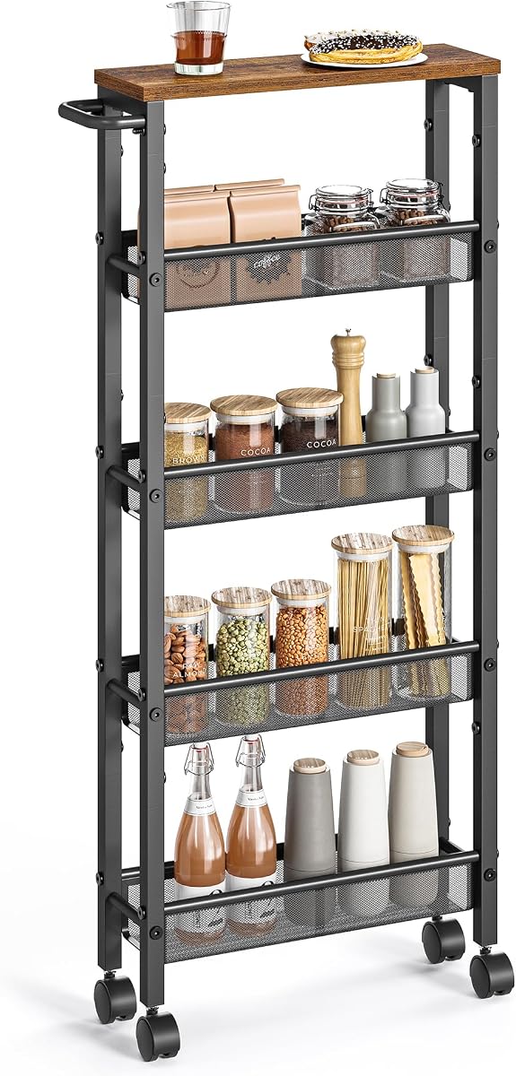 VASAGLE Carro con Ruedas Delgado, Carro de Almacenamiento de 5 Niveles, Carros Estrechos con Asa, 5.1 Pulgadas de Profundidad, Estructura de Metal, para Cocina, Comedor, Sala de Estar, Oficina en Casa, Marrón Rústico y Negro Clásico ULRC034B01