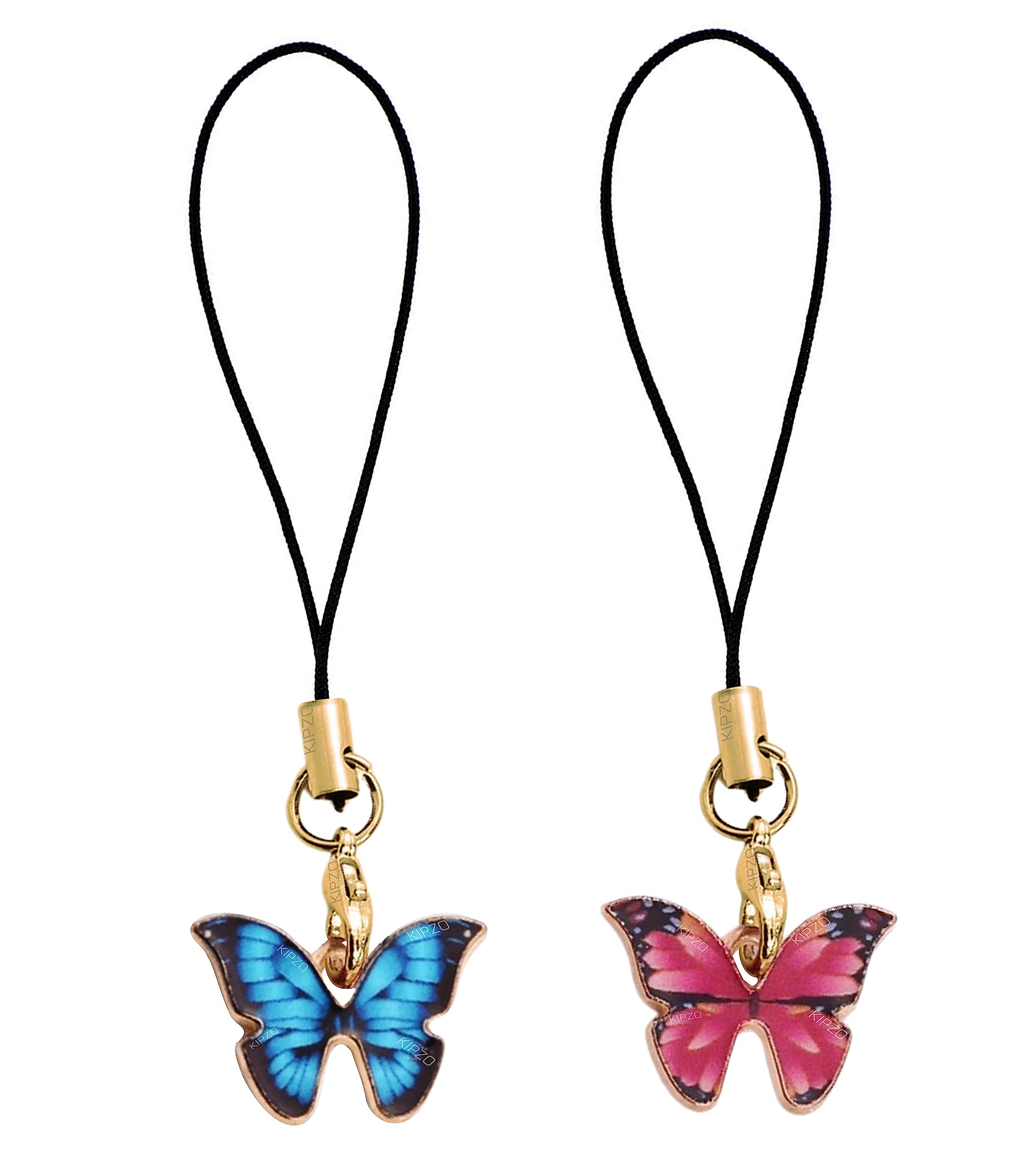 Nylon Pack Of 2 Pink & Blue Butterfly Pendant Phone Charms Cute For Girls Strap Hanging Keychain Necklace Lobster Bracelet Anklet Lanyard Black Thread Ornament Decor Smart Zip Case Pouch-image-8