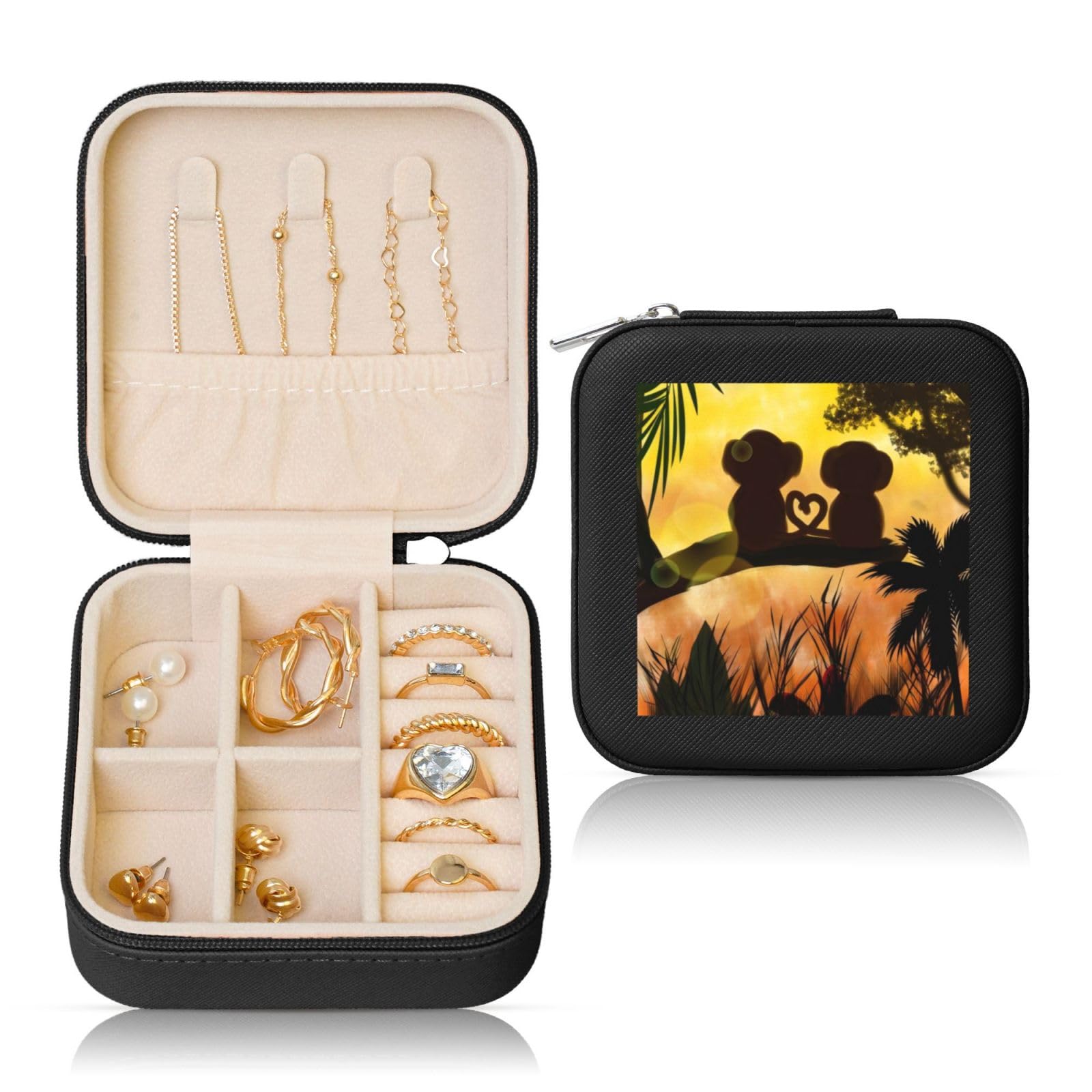 QGWDYYJQ Cute Couple Monkey printed Square Leather Jewelry Box Travel Jewellery Organiser Portable Gift Box
