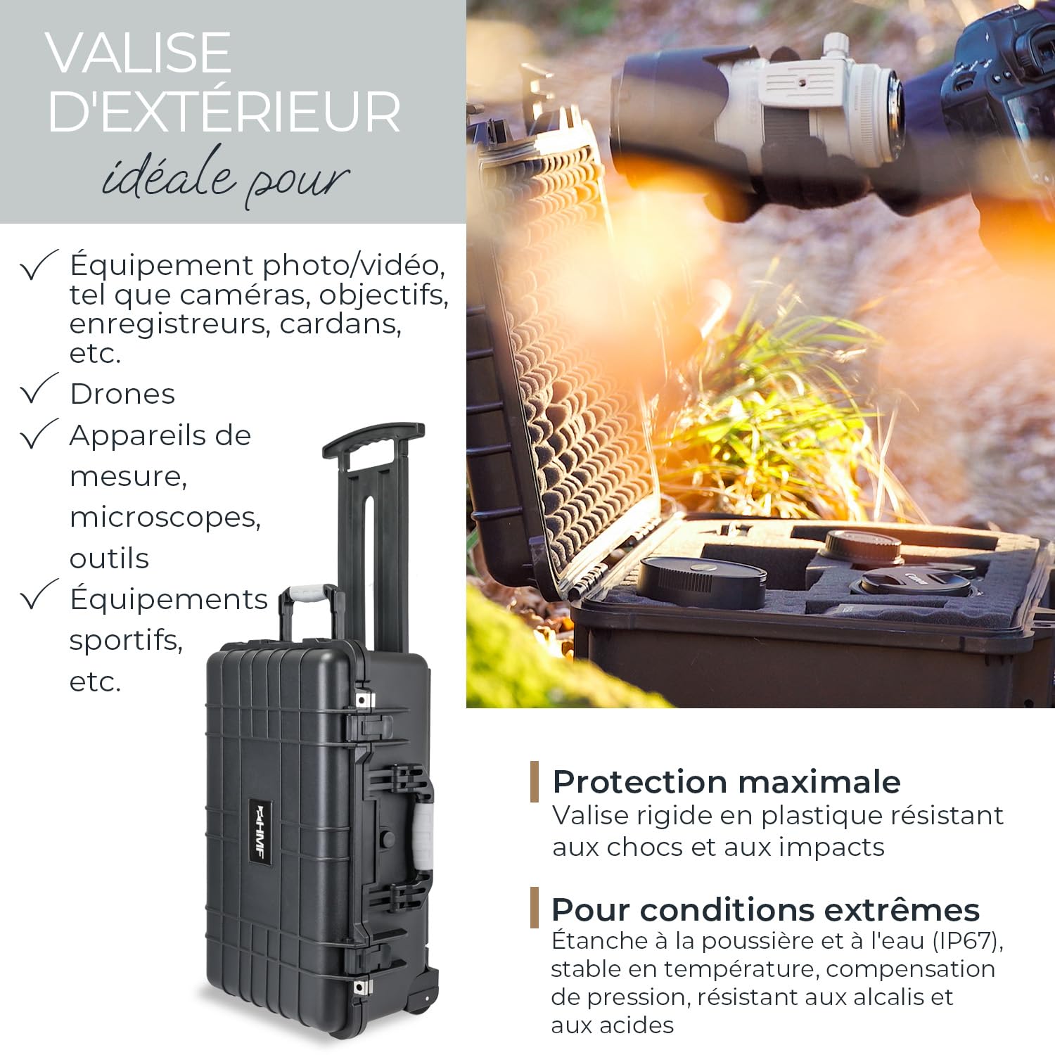 HMF Sac à roulettes d'extérieur ODK400 avec mousse à grille, Noir , 56 x 34.5 x 23 cm, Extérieur et robuste