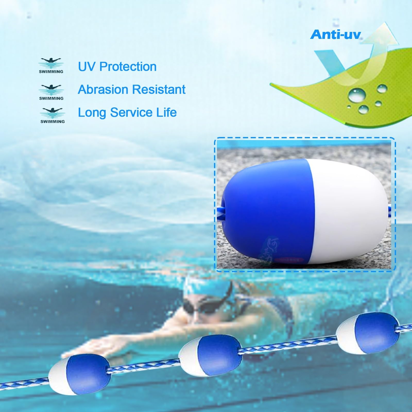 Schwimmendes Bahntrenner-Set für Schwimmbecken mit Bojen, strapazierfähiger Sicherheitsleine für Schwimmtraining und Bahnmarkierung(30m,One Size)