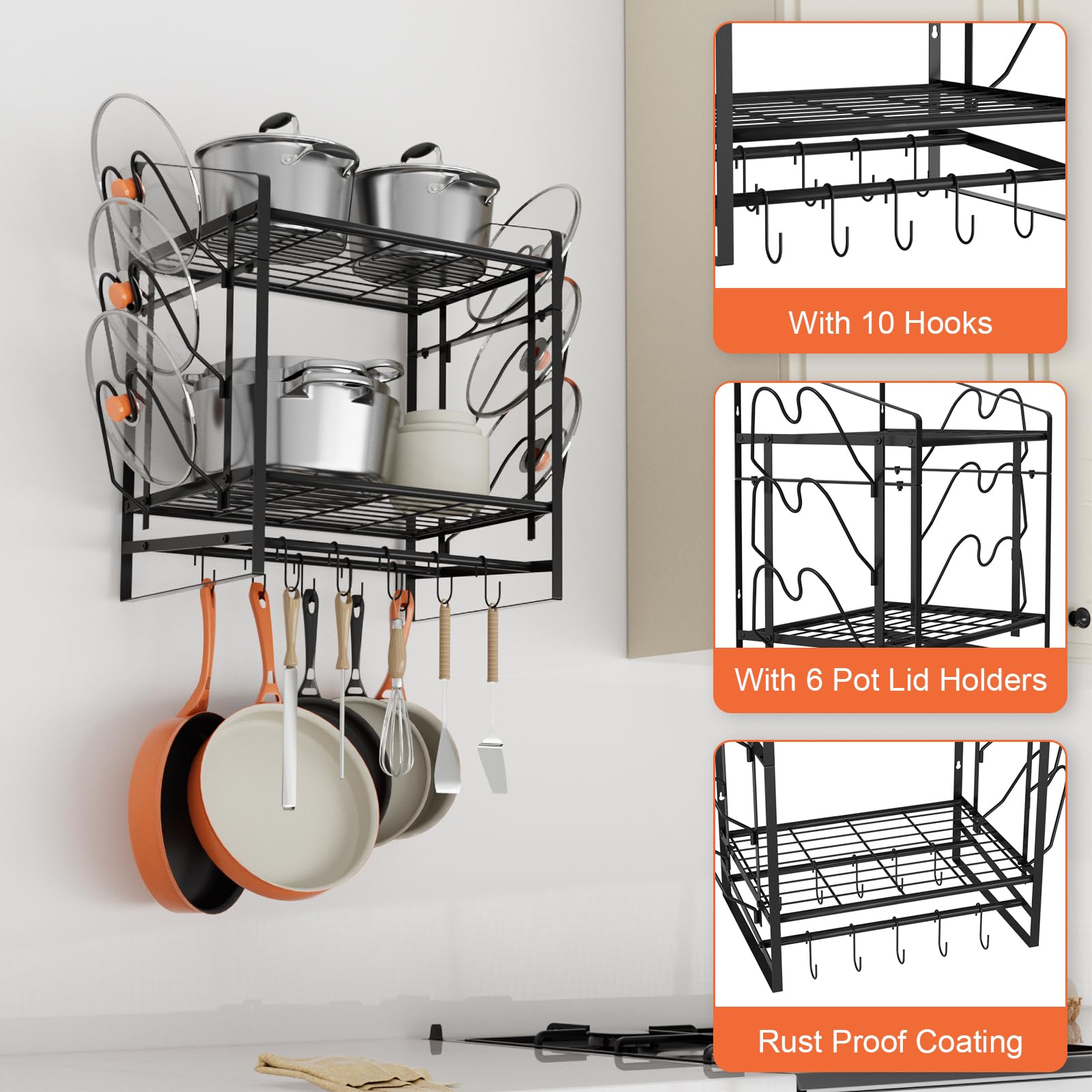 VyGrow Estante para ollas de 24 pulgadas, organizador de ollas y sartenes de 2 niveles con 10 ganchos y 6 soportes para tapas de ollas, colgador de acero resistente para ollas y sartenes para