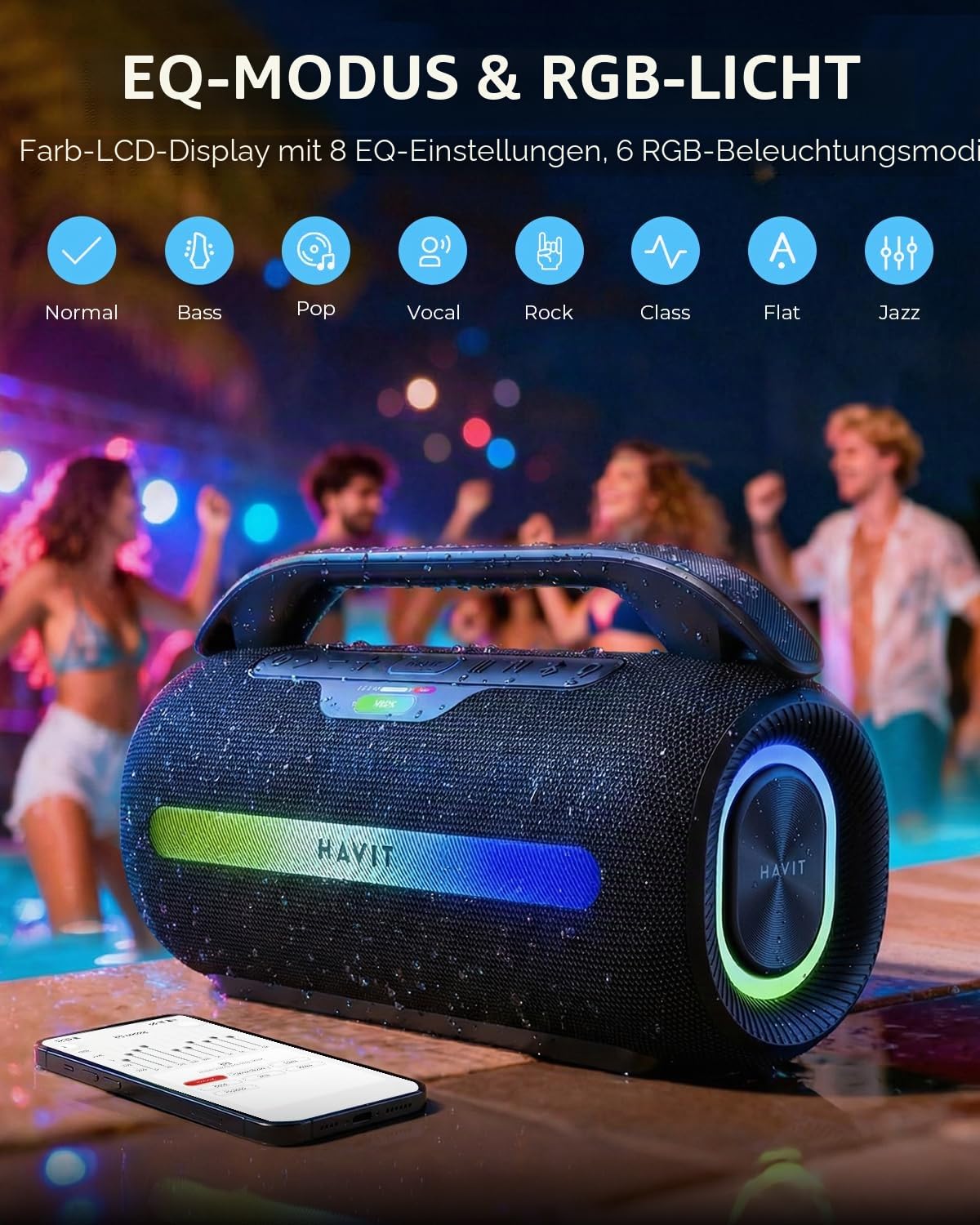 havit 120W MAX Outdoor Lautsprecher, IPX6 Wasserdichter Tragbarer Bluetooth Lautsprecher mit 2.2 K, 16H+ Spielzeit, RGB-Lichter, USB-C, Powerbank, Custom EQ, AUX/DSP für Camping, Strand, Garten