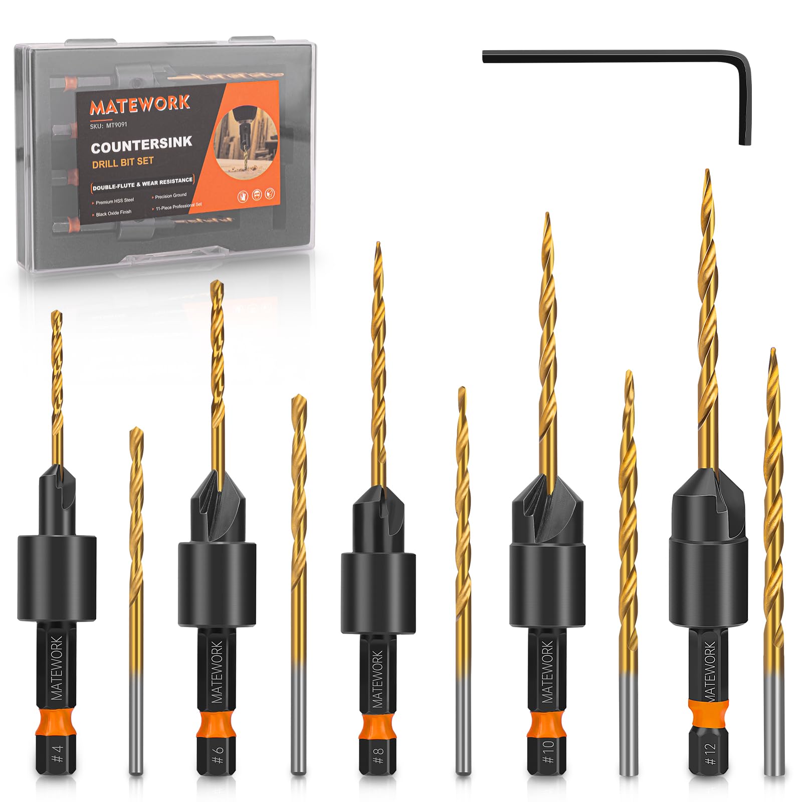 Matework Countersink Drill Bit Set 11PCS, M2 Cobalt HSS Wood Drill Bits | Counter Sink Drill Bit for Wood, Sizes #4 #6 #8 #10 #12, 4-Flute Upgrade for Sharp Cutting, 1/4" Hex Shank, Storage Box-image-35