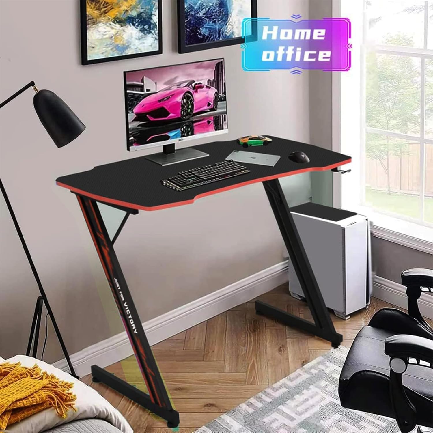 39 Inch Z-Shaped Computer Desk with Headset Hook - Ergonomic Small Gaming Table, MDF Desktop and Metal Frame, Red