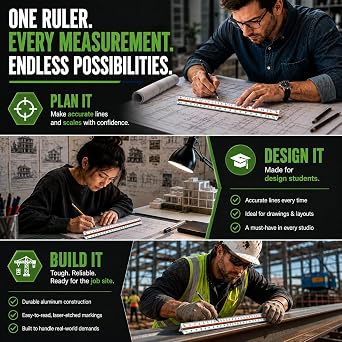 OCM 1 Triangular Architect Scale Ruler (Professional Grade Solid Aluminum) Color Coded 12 Inch Architectural Scale (Imperial Measurements) - Ideal for Architects, Engineers, Draftsman and Students