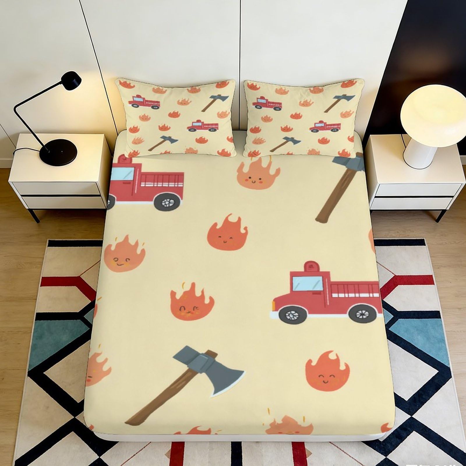 3D Printed Fire Truck Fitted Sheet Microfiber Flame Cartoon Mattress Cover Anti-Slip Washable for Bedroom Dorm Decor 160x200x25cm