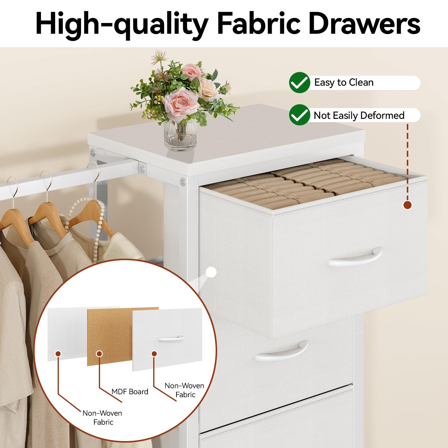 YMYNY Porte-Manteau Commode Blanche avec 4 Tiroirs en Tissu HGR006W