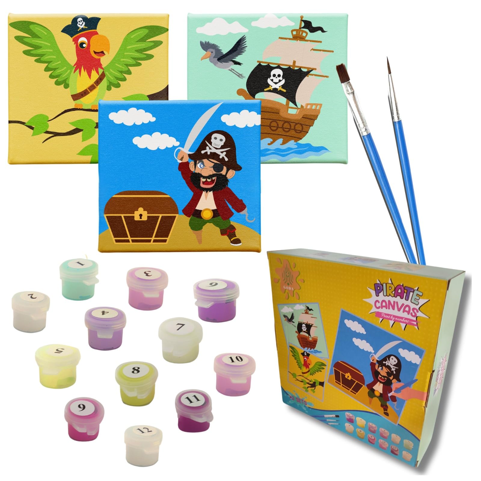 GODA Cuadros para pintar por numeros para niños, pack 3 manualidades niñas PIRATAS Con Marco, kit pinturas acuarelas niños | Pack regalos cumpleaños niños lienzos para pintar