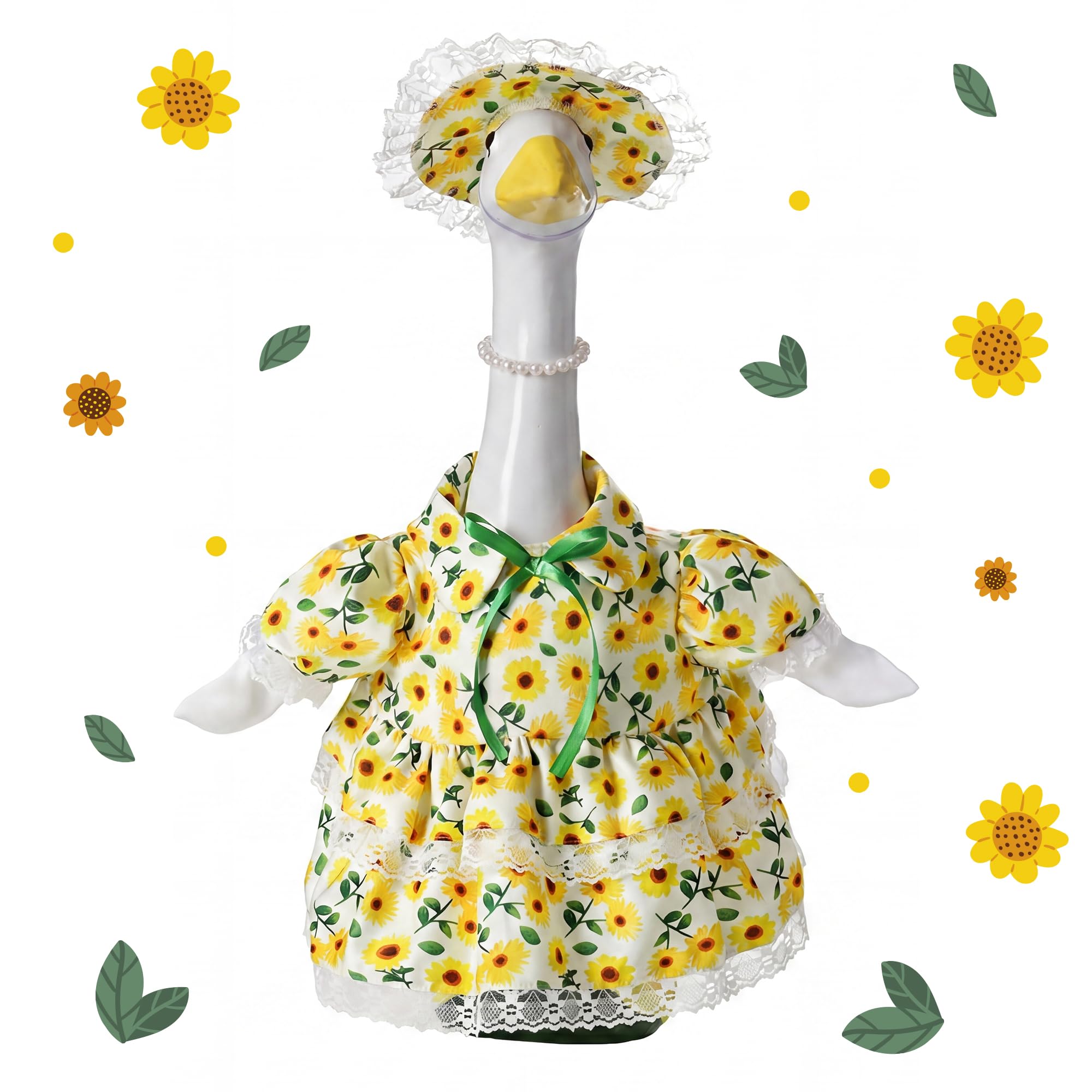 YALEENT Porch Goose Outfit Flower with Pearl Necklace and Sunflower Hat for 23" Large Statue,Porch Goose Clothes for Outdoor Patio Yard Garden Holiday Decor