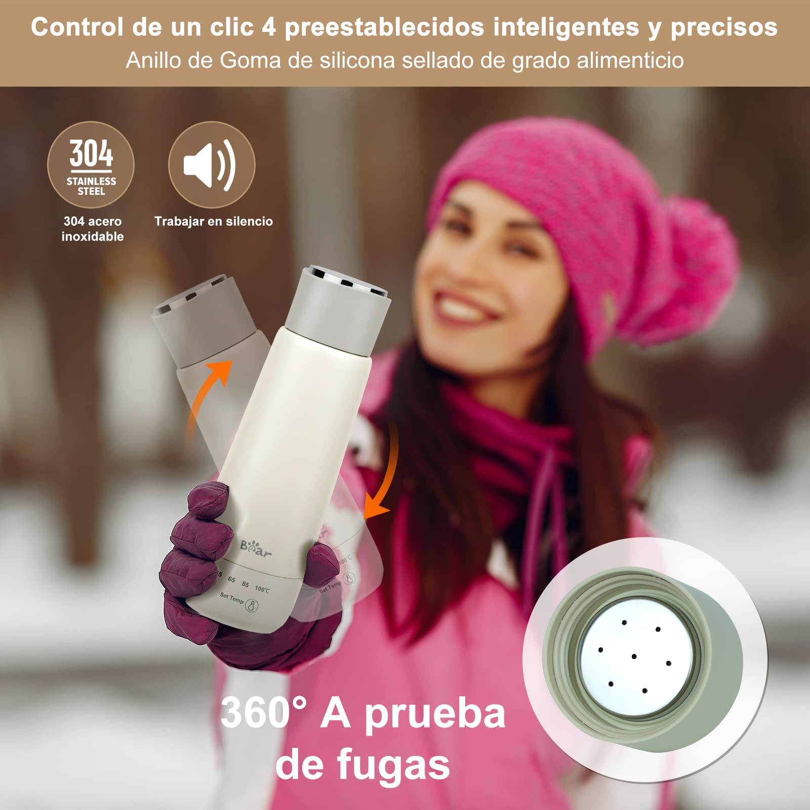 Bear 300ml 4 - Temperatura Hervidor Eléctrico, Control Portátil De Un Solo Clic, Taza Térmica De Calentamiento Rápido De Viaje De Tres En Uno, Doble Capa 304 Acero Inoxidable