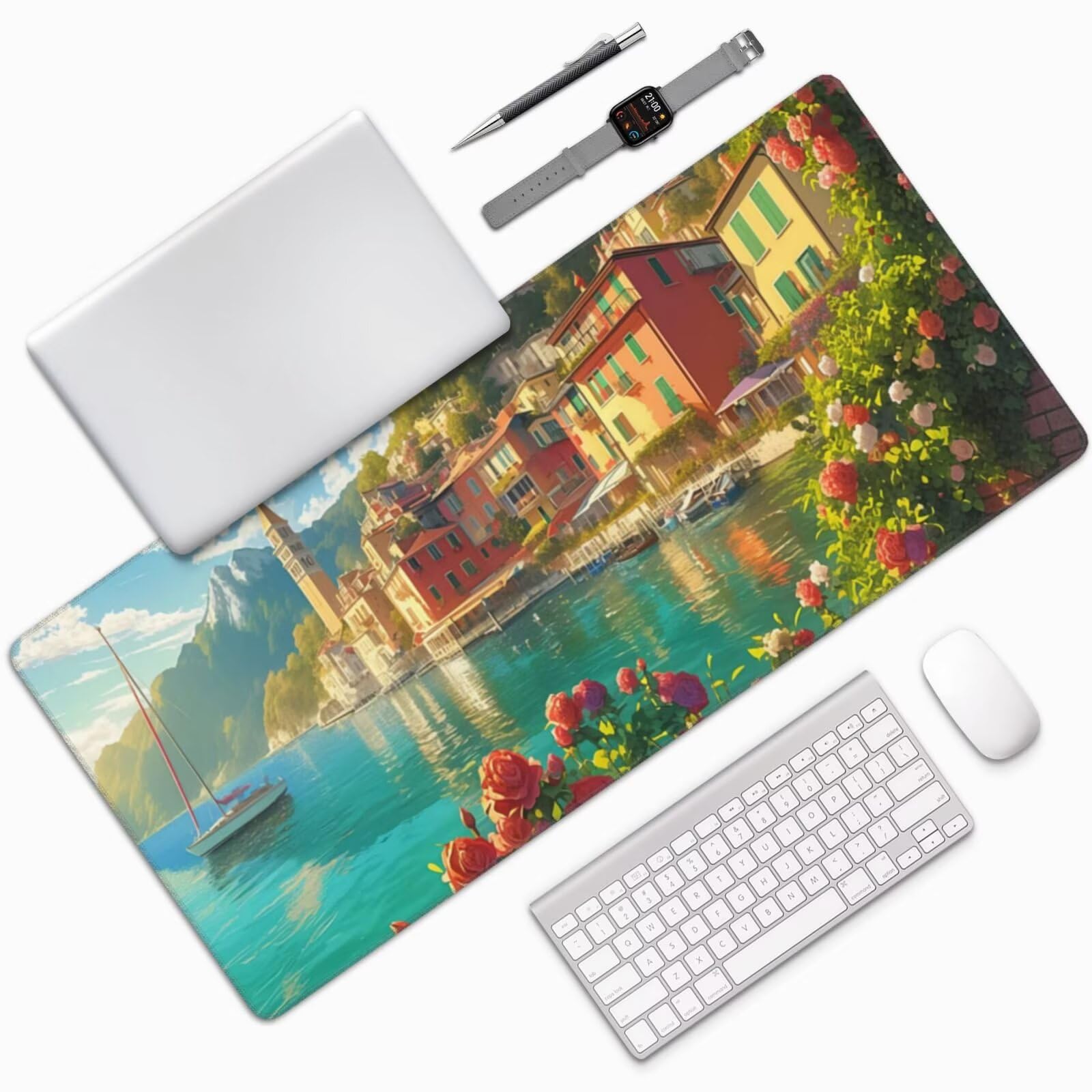 Podkładka pod mysz miejską XXL 1400 x 600 x 3 mm podkładka pod mysz kwiatową, podkładka pod mysz z przeszytymi krawędziami antypoślizgowa podstawa i guma do dekoracji biura/domu na biurko, prezent dla