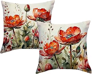 Floral Poppy Throw Pillow Covers 18 x 18 Inch Nature Theme Cushion Cover...