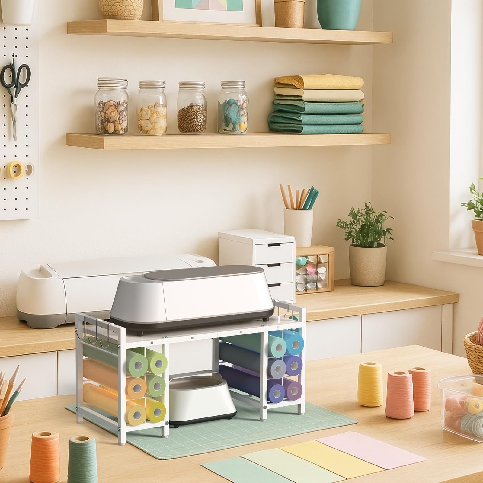 LIANTRAL Mesa de Almacenamiento con 12 Soportes para Rollos de Vinilo, Estante de Almacenamiento para Manualidades, Color Blanco