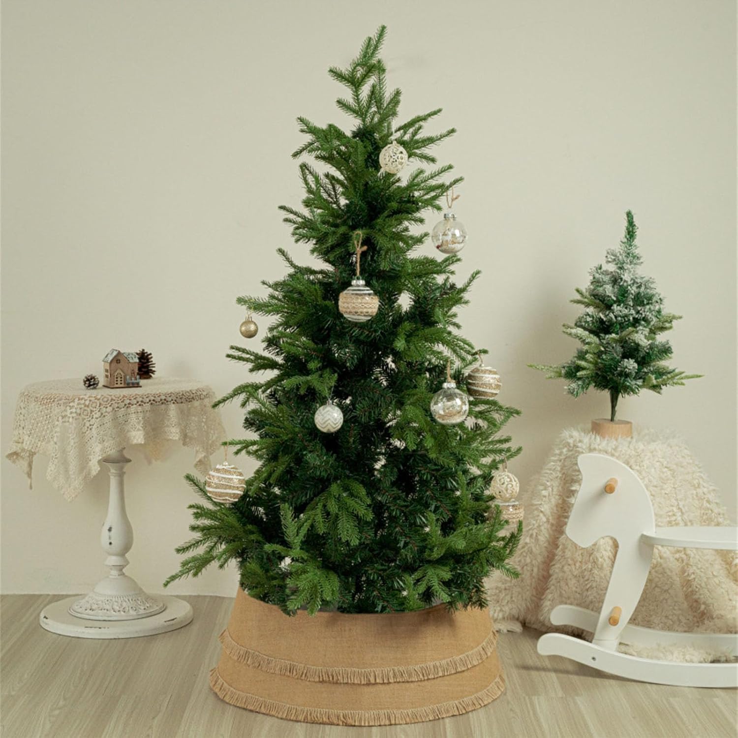 Traditional Burlap Christmas Tree Skirt Quick Assembly Polyester Base Cover with Layered Decor Christmas Tree Skirt Burlap
