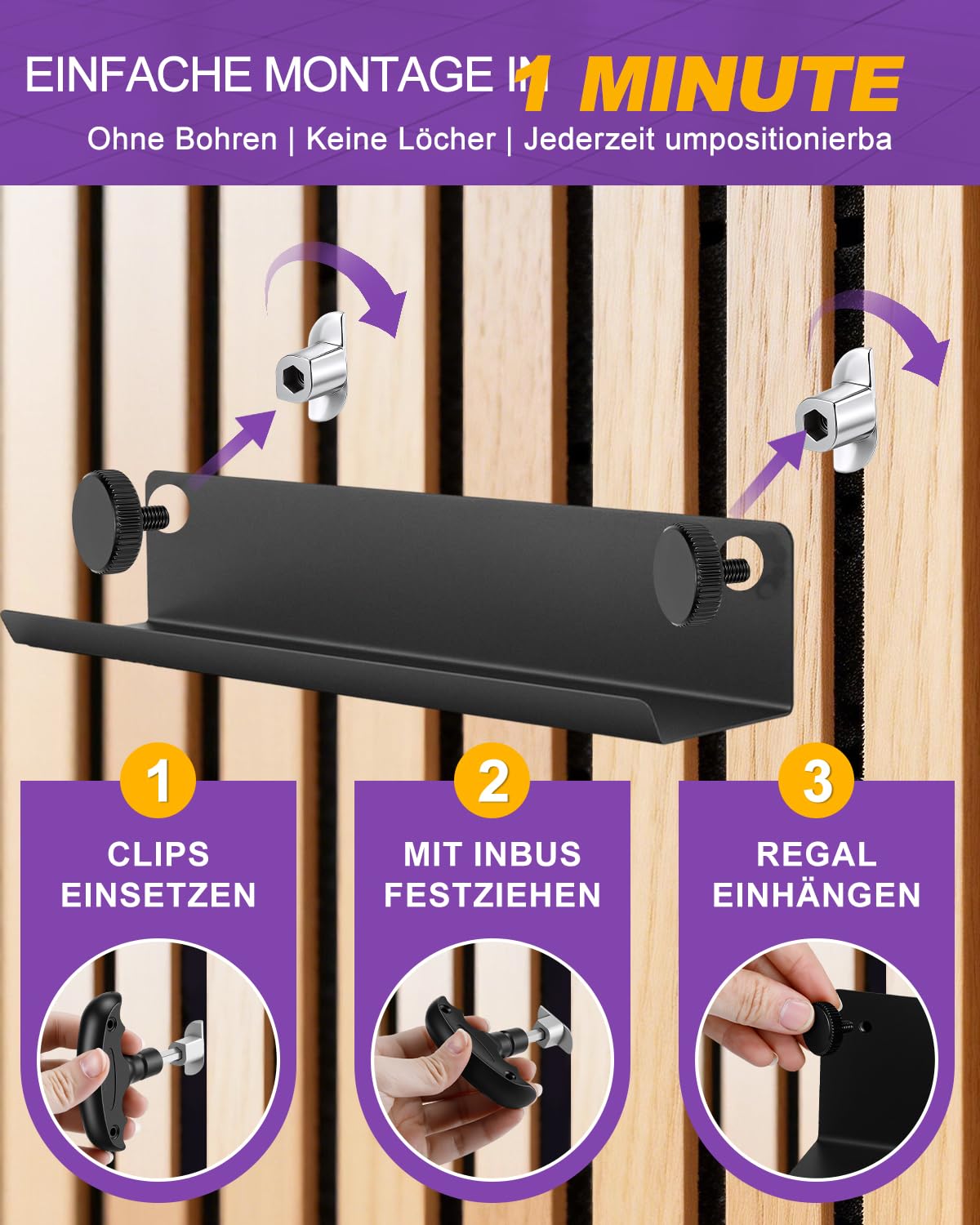 Haliya Regal für Akustikpaneele – 7,5x36 cm Wandregal ohne Bohren – Metall Schwarz matt – Zubehör für Akustikpaneele, Ablage für DIY Wandorganizer, Schweberegal für Wohnzimmer, Büro, Küche