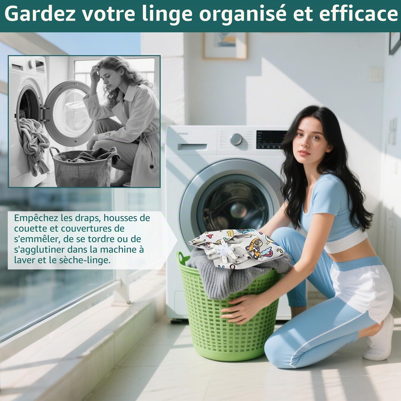 WAD Lot de 4 draps démêlants avec 6 clips, housses de couette/couvertures contre les nœuds, les torsions et les bouloches dans le sèche-linge, la machine à laver et le sèche-linge, 4 pièces
