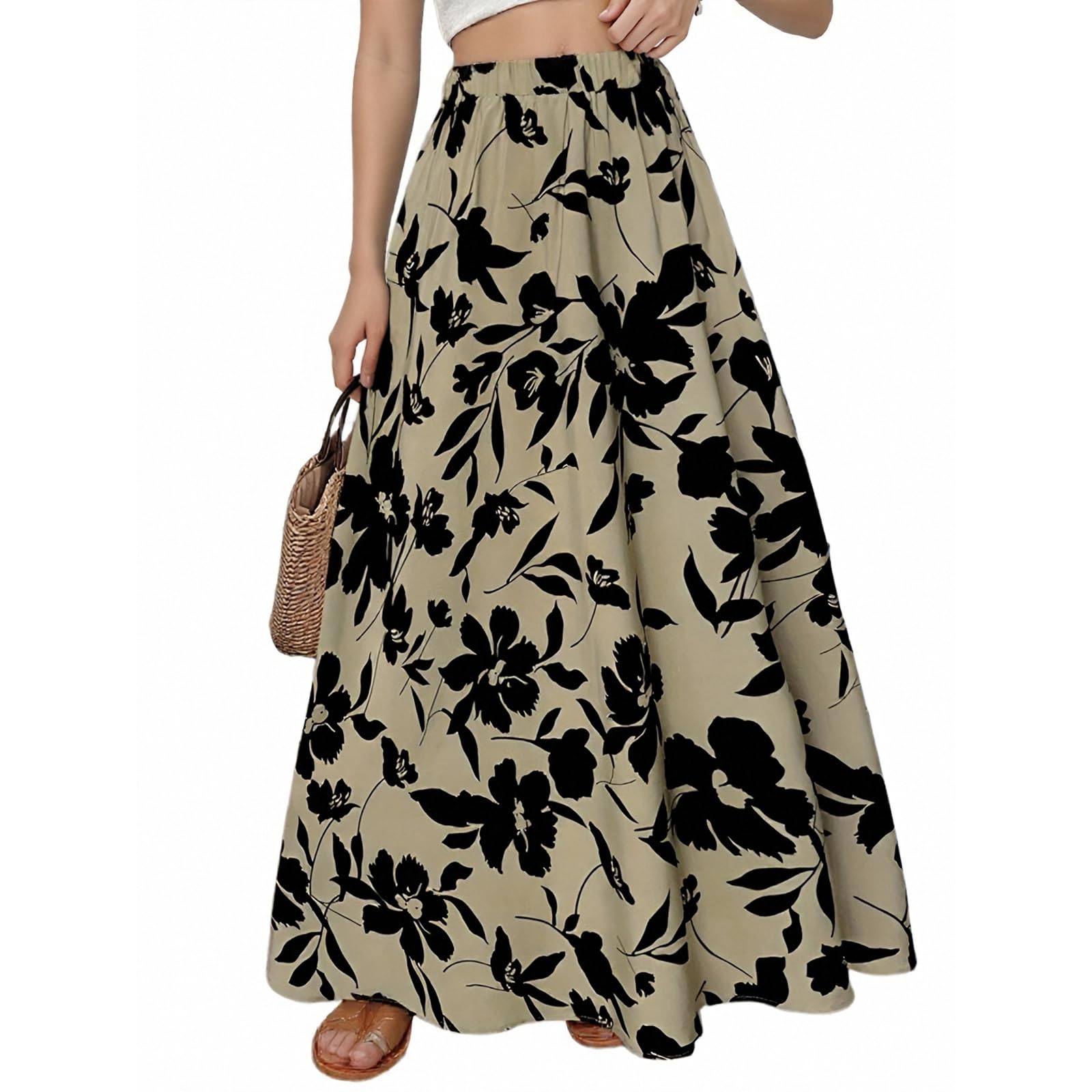 Womens Long Skirts Cute Swing Maxi Skirts Vintage Vacation Drawstring Boho Skirt Ruffle a Line Beach Cover Up