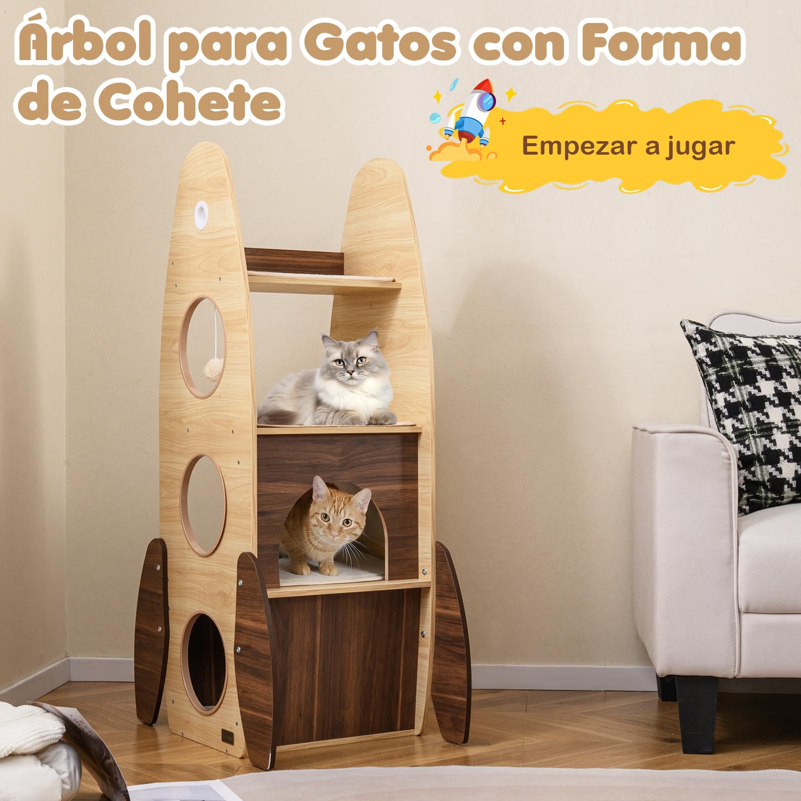 COSTWAY Árbol Rascador para Gatos en Forma de Cohete, Torre para Gatos de Madera con Condominio de 2 Plantas, Percha Superior, Rascador de Sisal, Plataforma Acolchada, Bola Colgante, Natural y Blanco