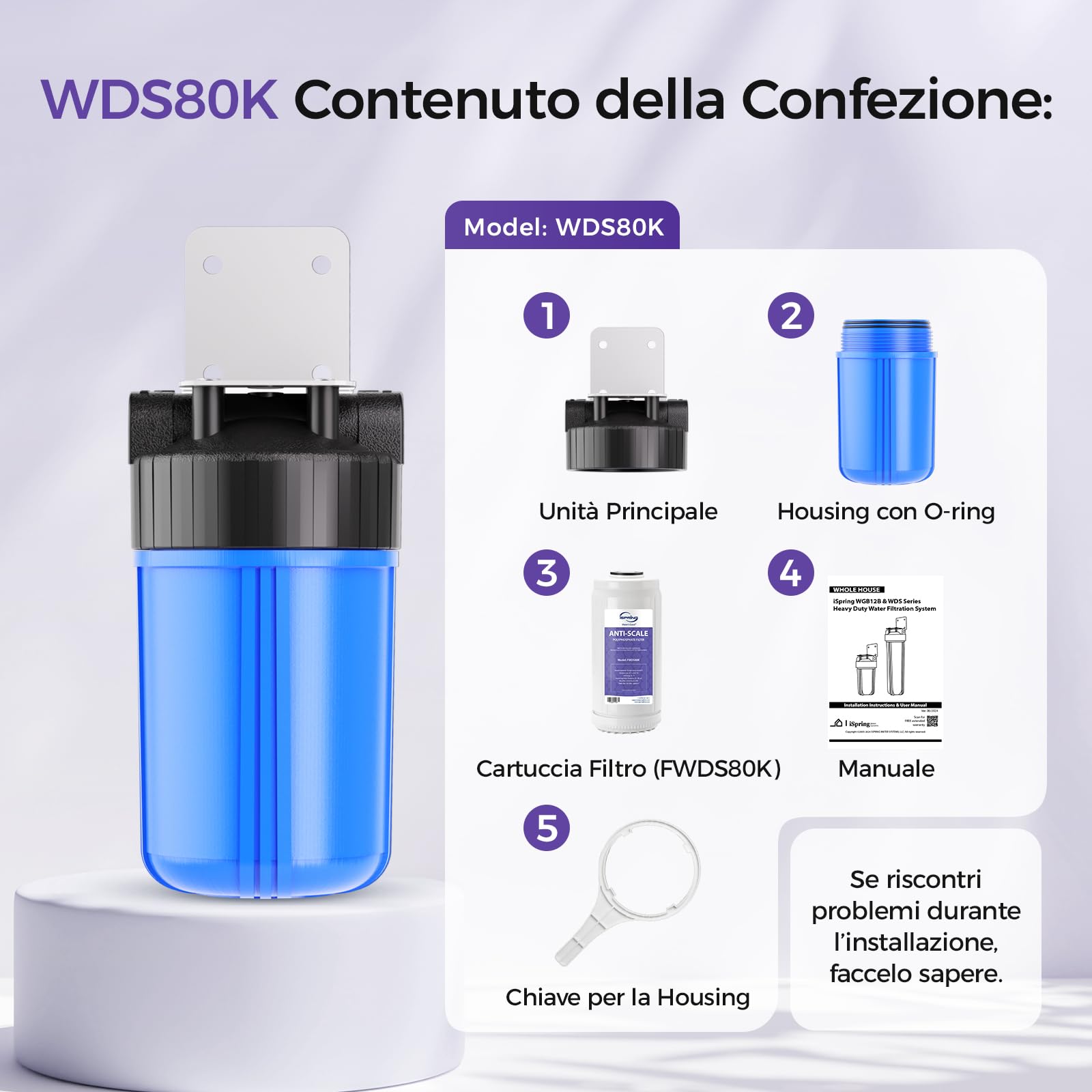 iSpring WDS80K Filtro Anticalcare 10" x 4,5", Filtro Acqua per Casa Intera, Inibitore di Calcare Brevettato, Anti Incrostazioni, Prevenzione Calcare in Tubi