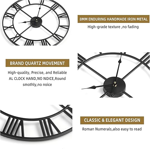 Miniatura 6 de Reloj de pared grande  16 pulgadas reloj de pared de metal silencioso sin tictac, negro, estilo moderno vintage, funciona con pilas, ideal para sala