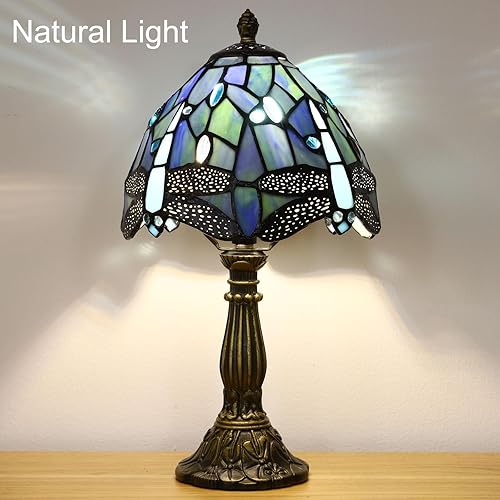 Miniatura 5 de Tiffany - Lámpara de mesa pequeña, diseño de libélula azul, 3 colores de temperatura, lámpara de mesa antigua, lámpara de mesita de noche para